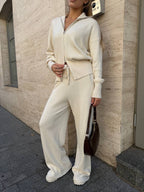 Megztas laisvalaikio kostiumėlis su užtrauktuku kreminis „Cream Knit Zip Lounge Set“