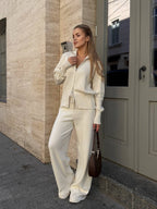 Megztas laisvalaikio kostiumėlis su užtrauktuku kreminis „Cream Knit Zip Lounge Set“