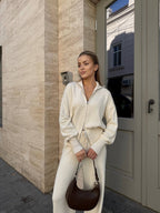 Megztas laisvalaikio kostiumėlis su užtrauktuku kreminis „Cream Knit Zip Lounge Set“