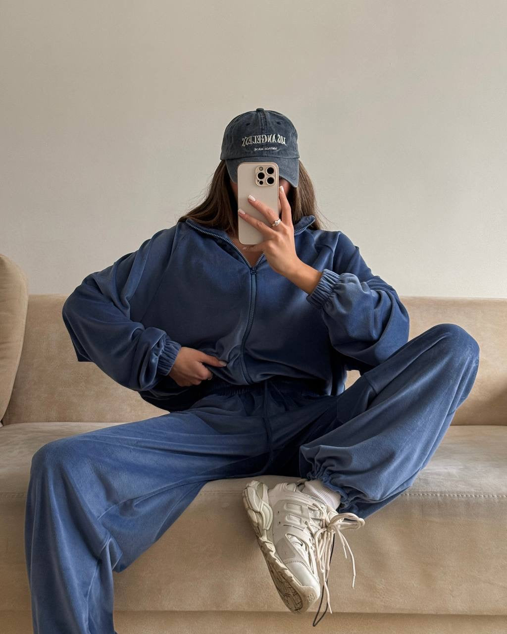 Elektrinės spalvos veliūrinis laisvalaikio komplektas „Deep Blue Velvet Comfort Set“