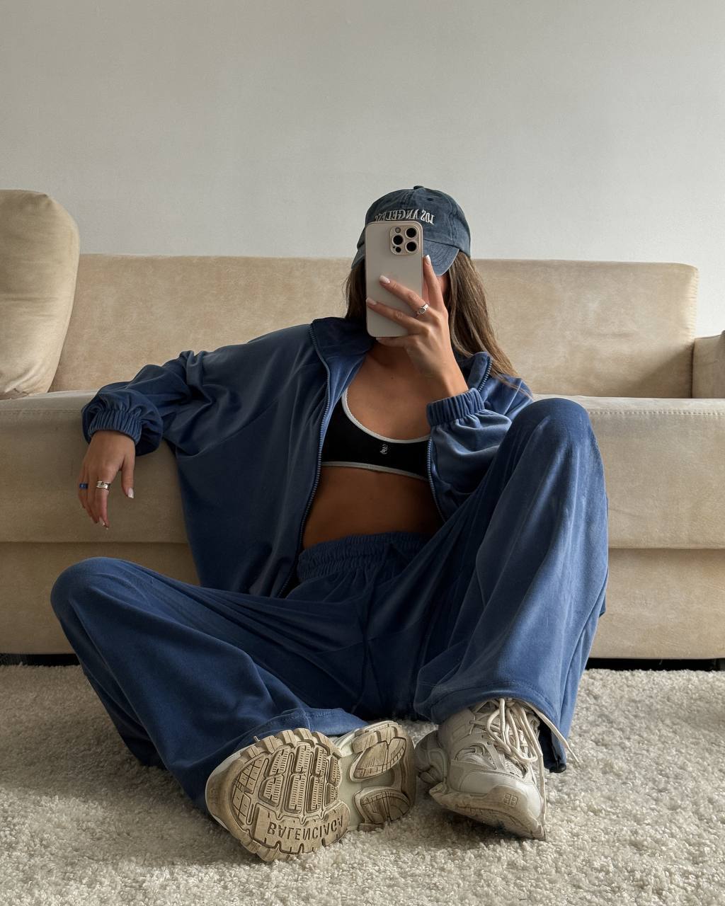 Elektrinės spalvos veliūrinis laisvalaikio komplektas „Deep Blue Velvet Comfort Set“