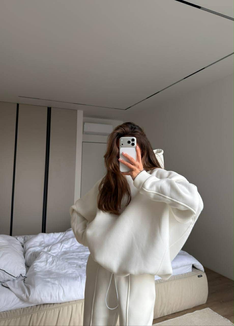 Baltas pašiltintas laisvalaikio komplektas su gobtuvu „White Oversize Hoodie Lounge Set“