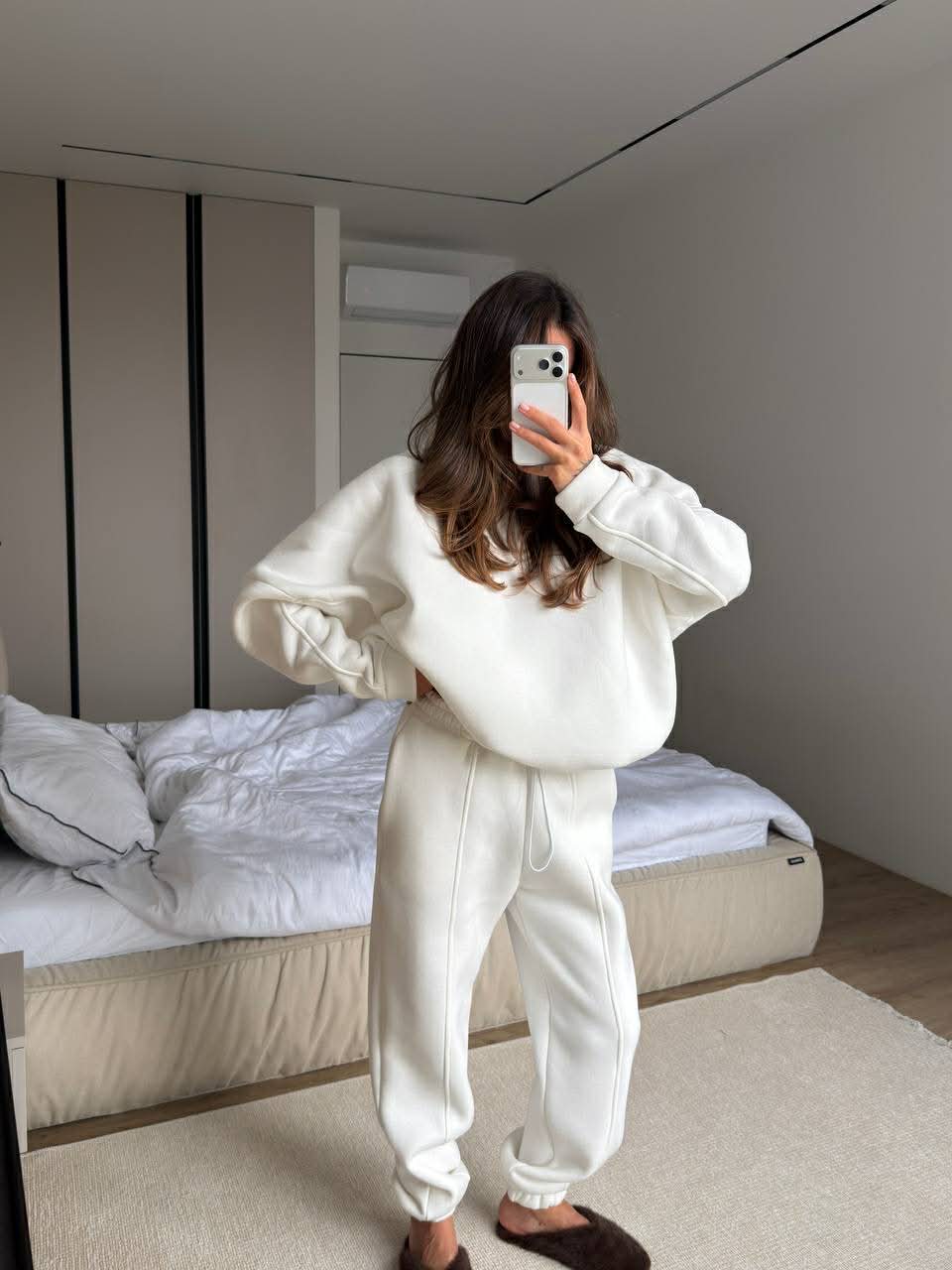 Baltas pašiltintas laisvalaikio komplektas su gobtuvu „White Oversize Hoodie Lounge Set“