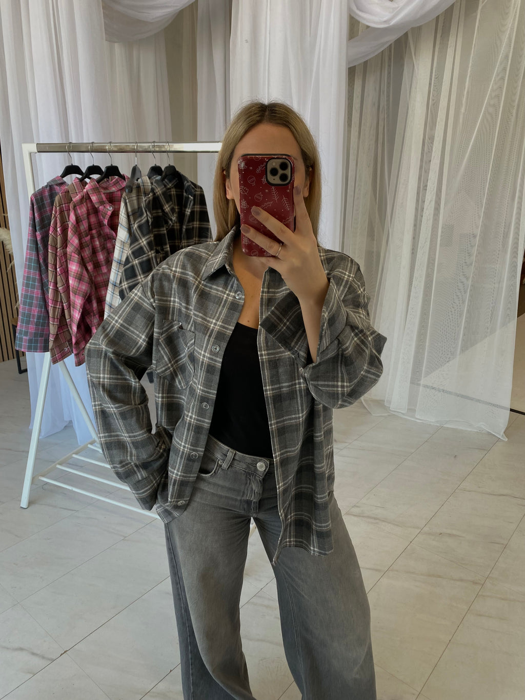 Oversize pilki languoti marškiniai „Grey Check Oversize Shirt“