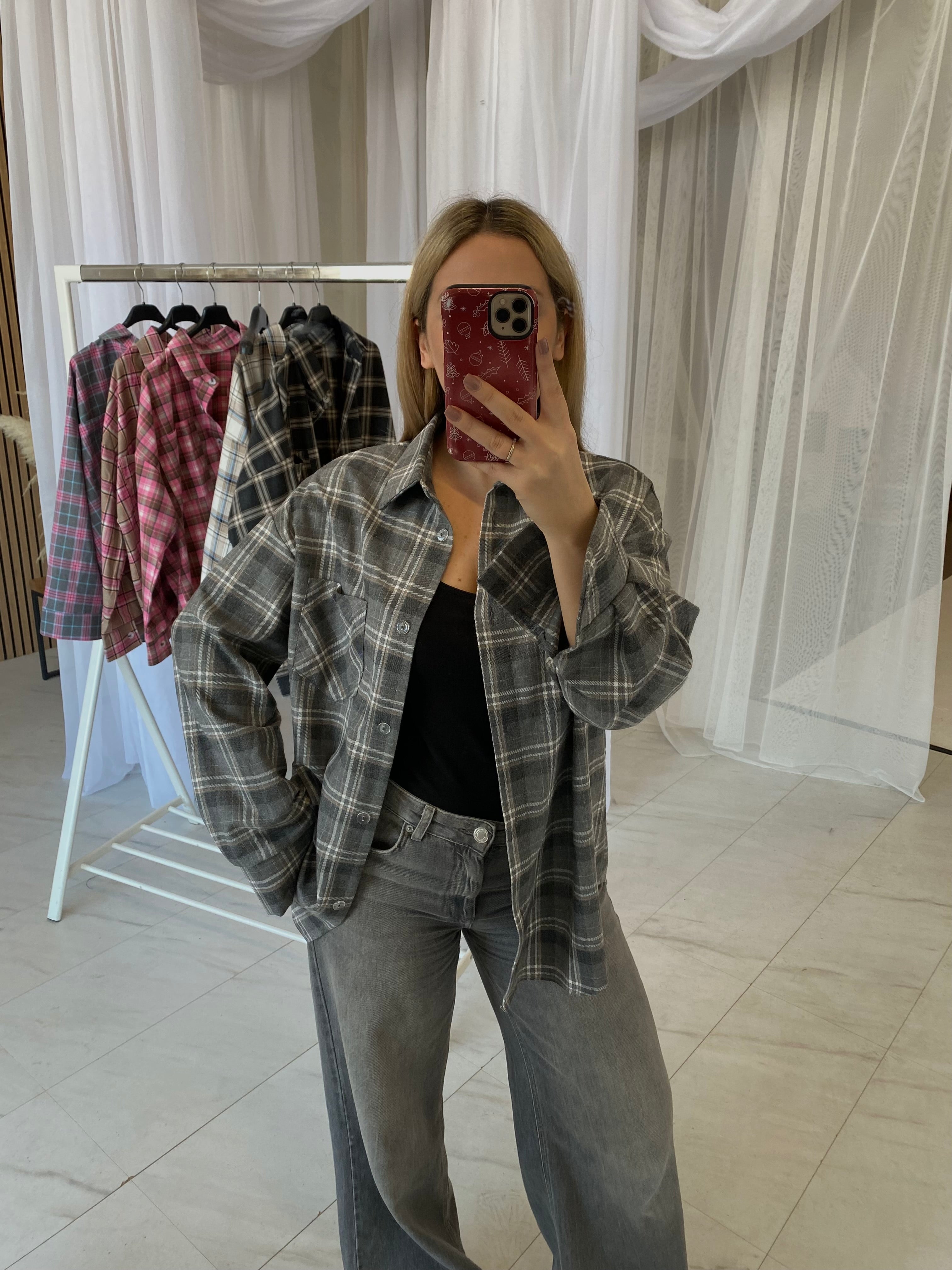 Oversize pilki languoti marškiniai „Grey Check Oversize Shirt“