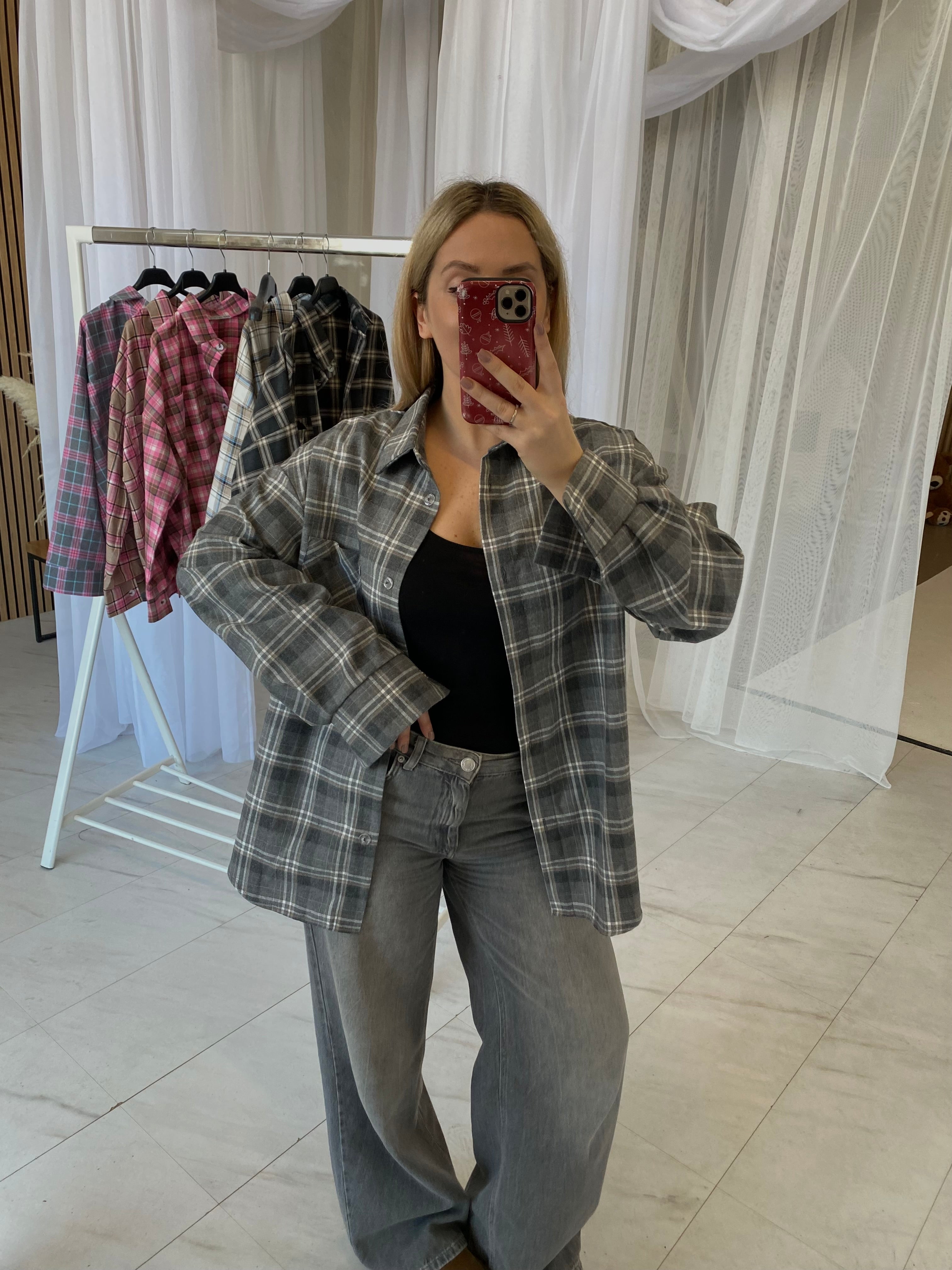 Oversize pilki languoti marškiniai „Grey Check Oversize Shirt“