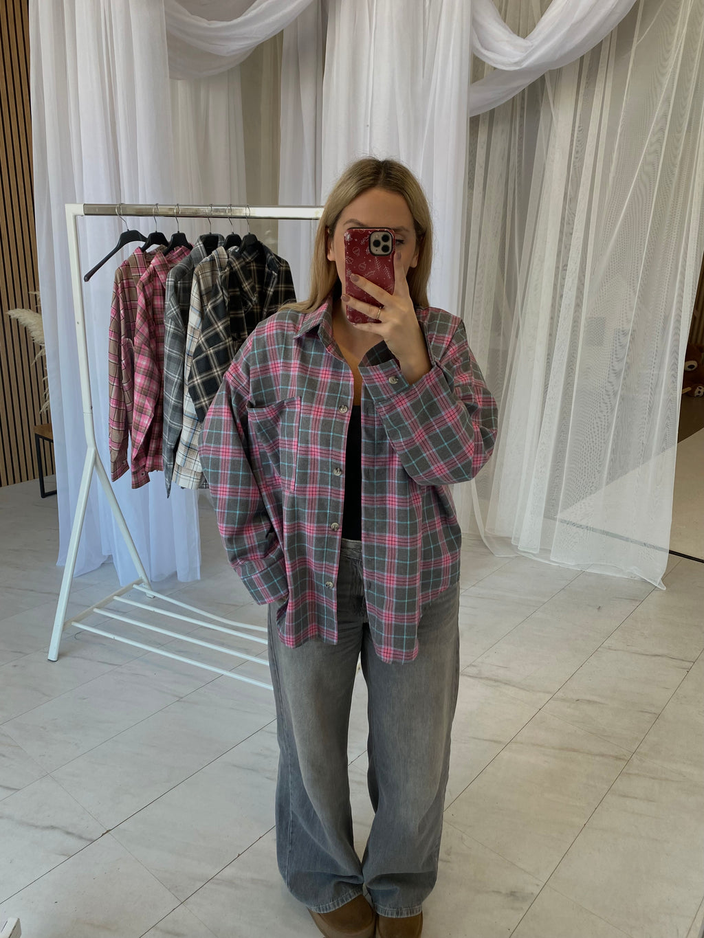 Oversize languoti marškiniai pilki su rožiniu “Grey Pink Check Oversize Shirt”
