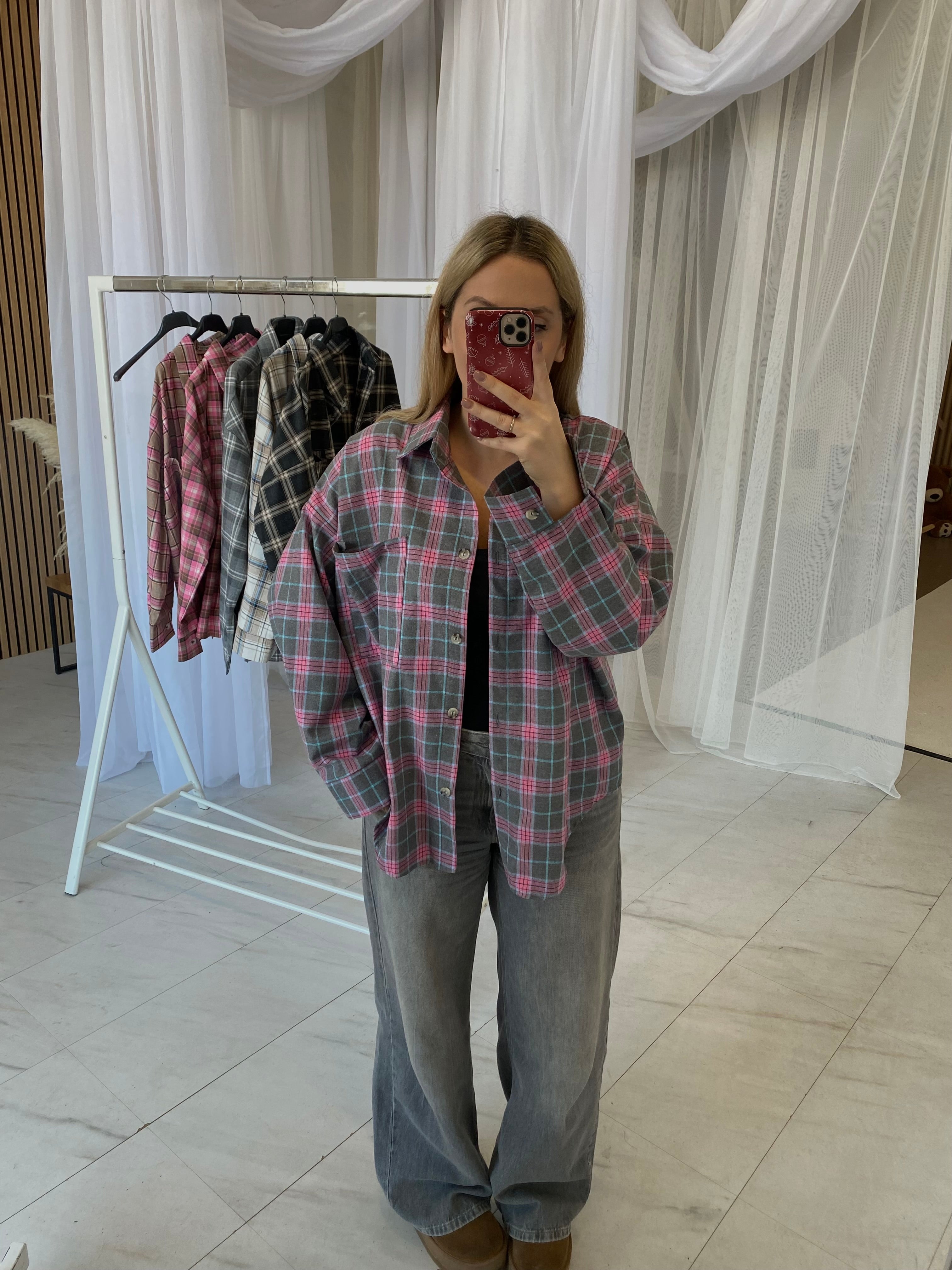 Oversize languoti marškiniai pilki su rožiniu “Grey Pink Check Oversize Shirt”