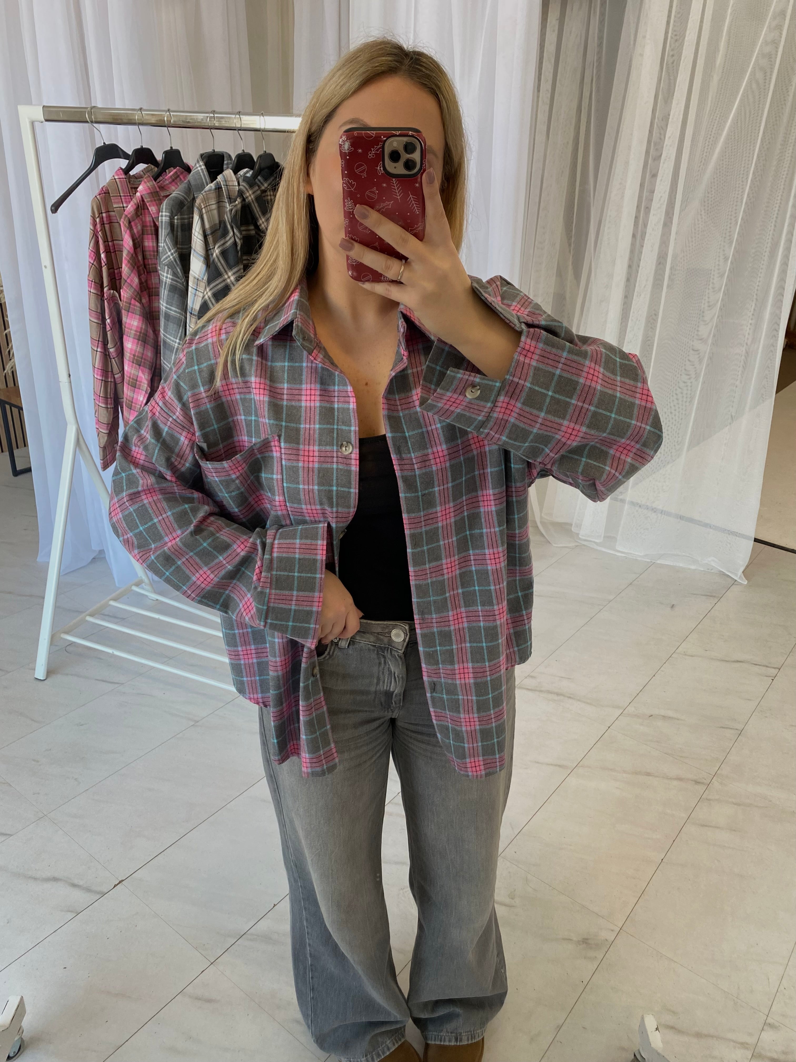 Oversize languoti marškiniai pilki su rožiniu “Grey Pink Check Oversize Shirt”