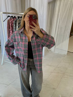 Oversize languoti marškiniai pilki su rožiniu “Grey Pink Check Oversize Shirt”