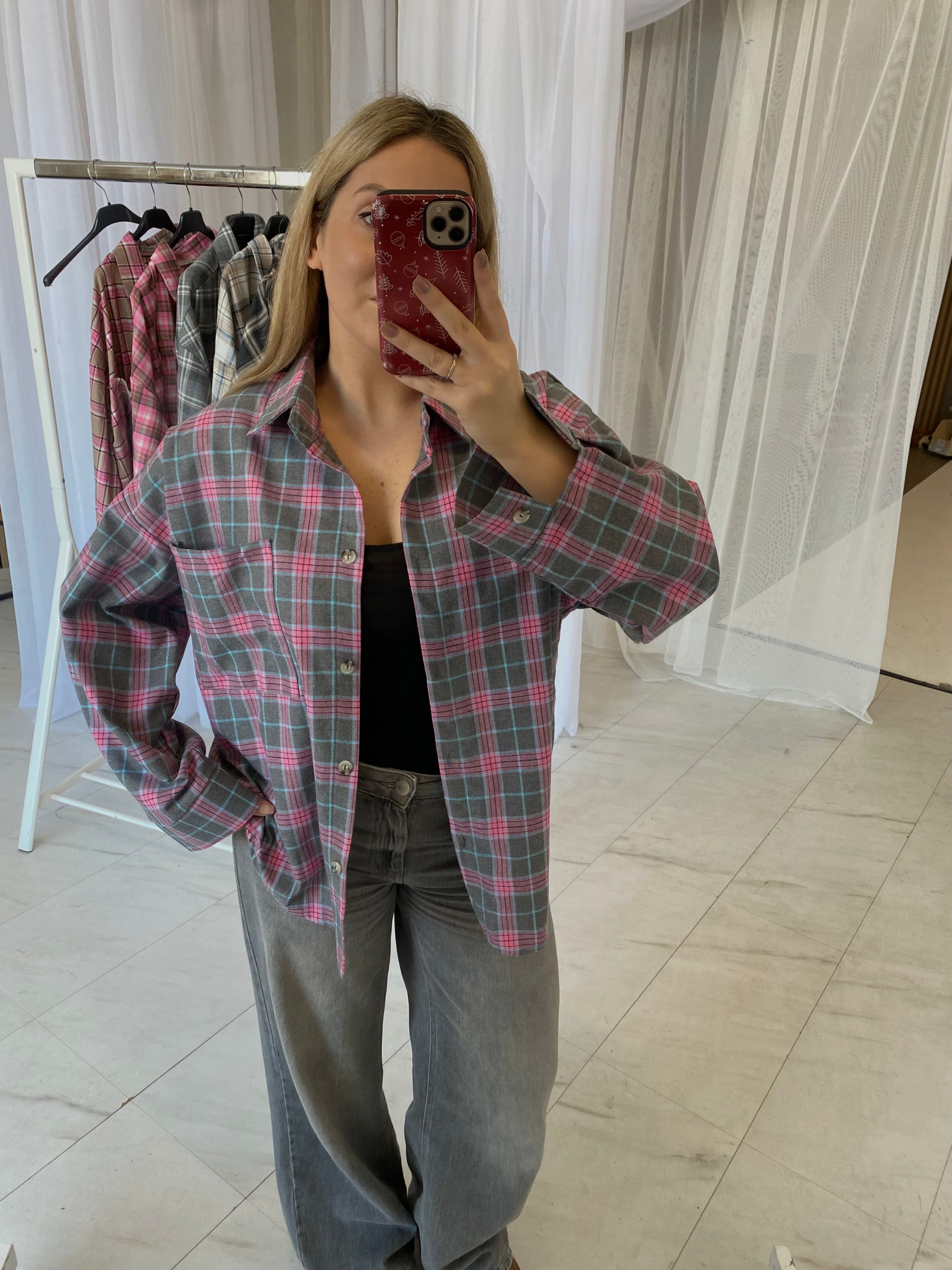 Oversize languoti marškiniai pilki su rožiniu “Grey Pink Check Oversize Shirt”
