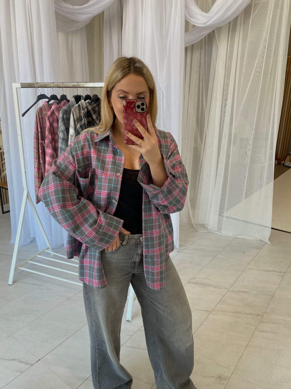 Oversize languoti marškiniai pilki su rožiniu “Grey Pink Check Oversize Shirt”