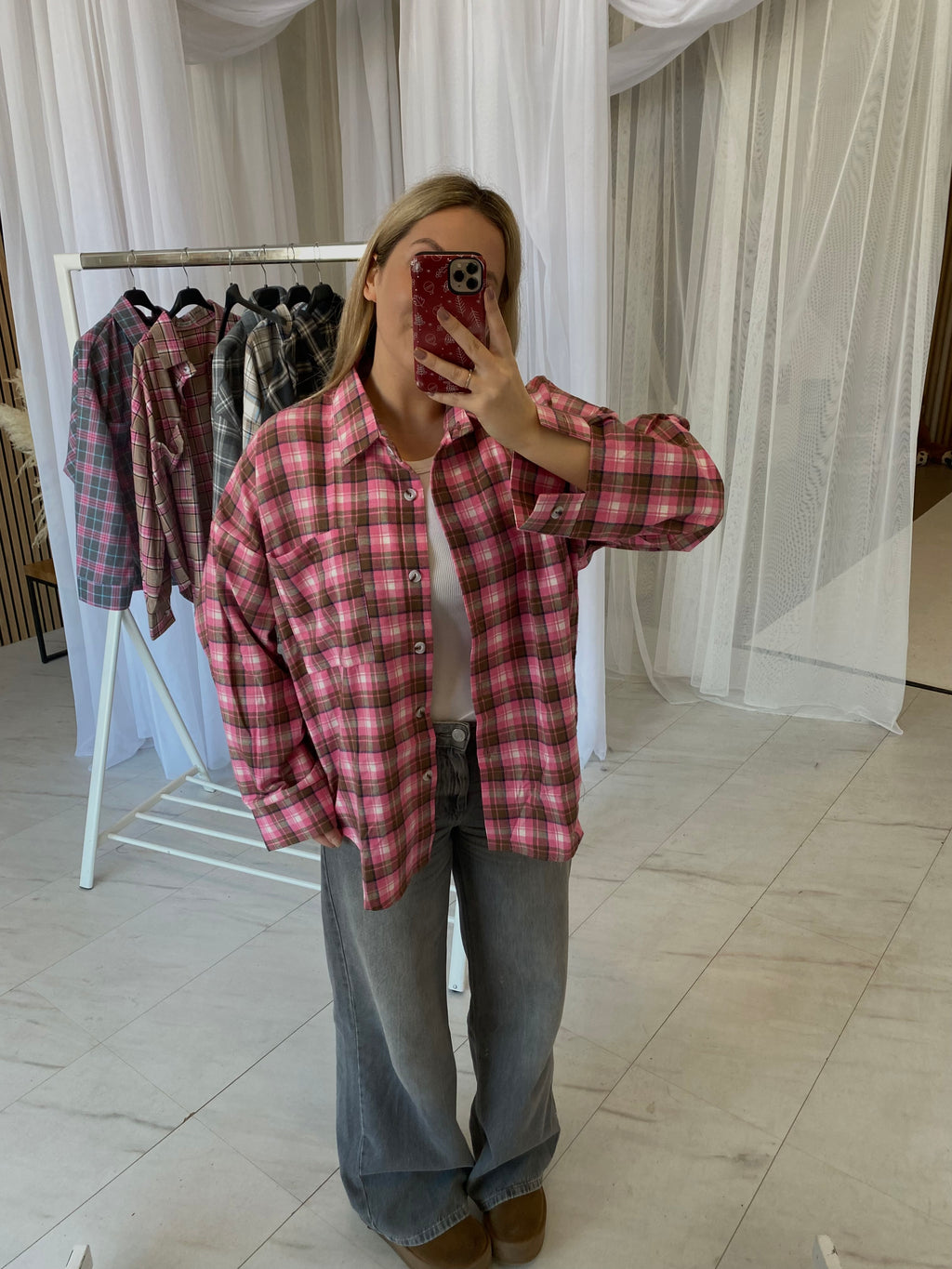 Oversize ryškiai rožiniai languoti marškiniai su rudu „Bright Pink Brown Check Oversize Shirt“