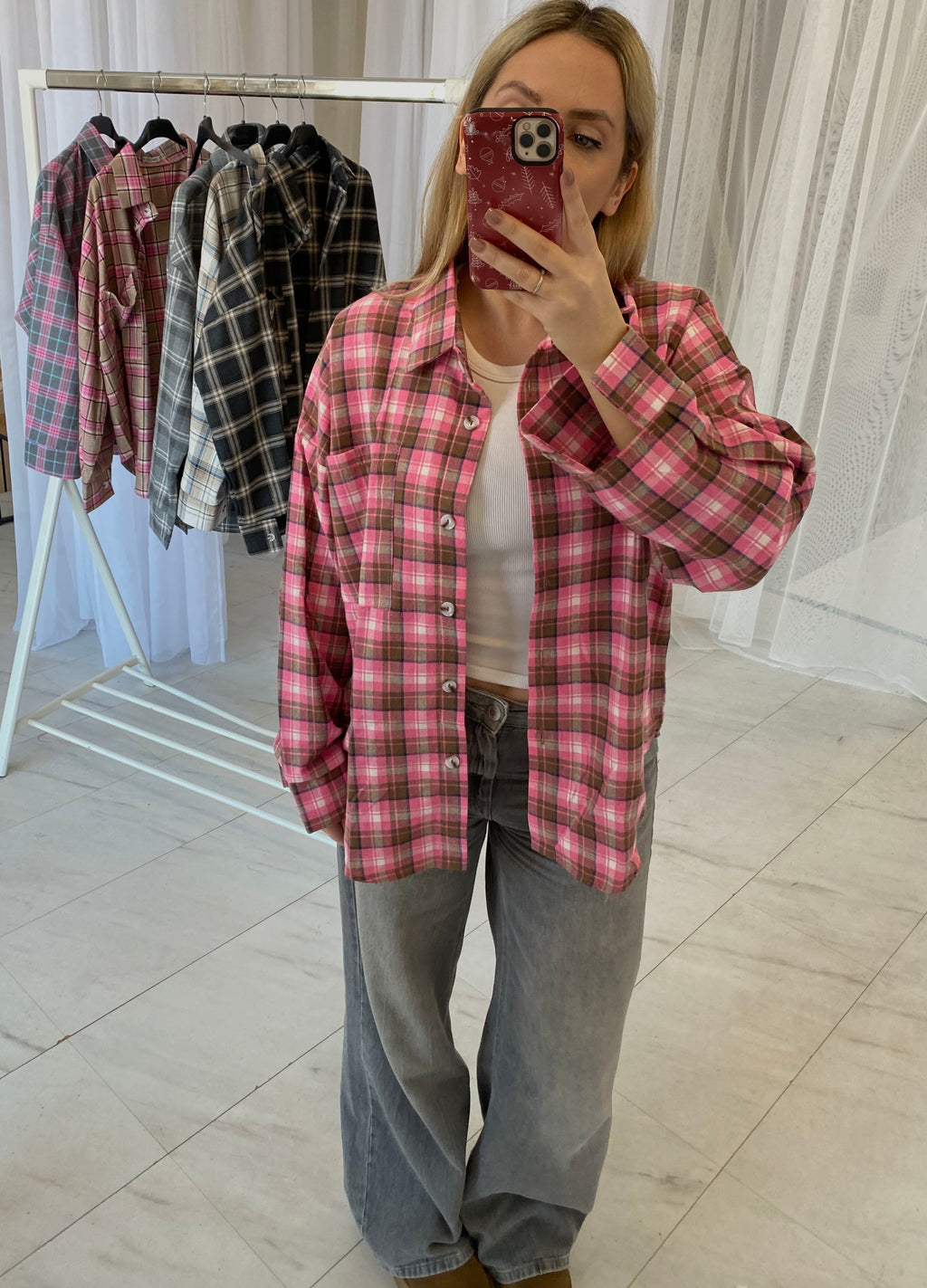 Oversize ryškiai rožiniai languoti marškiniai su rudu „Bright Pink Brown Check Oversize Shirt“