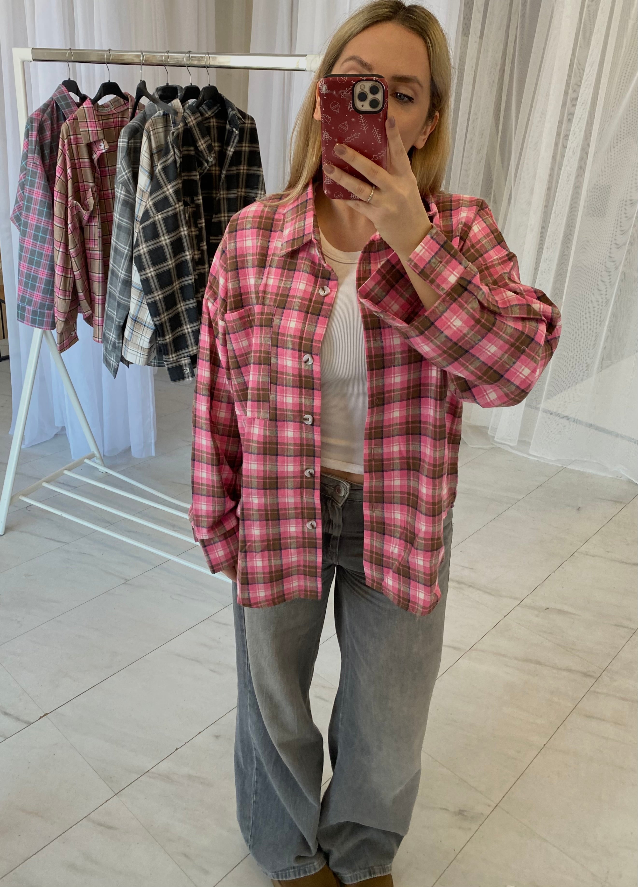 Oversize ryškiai rožiniai languoti marškiniai su rudu „Bright Pink Brown Check Oversize Shirt“