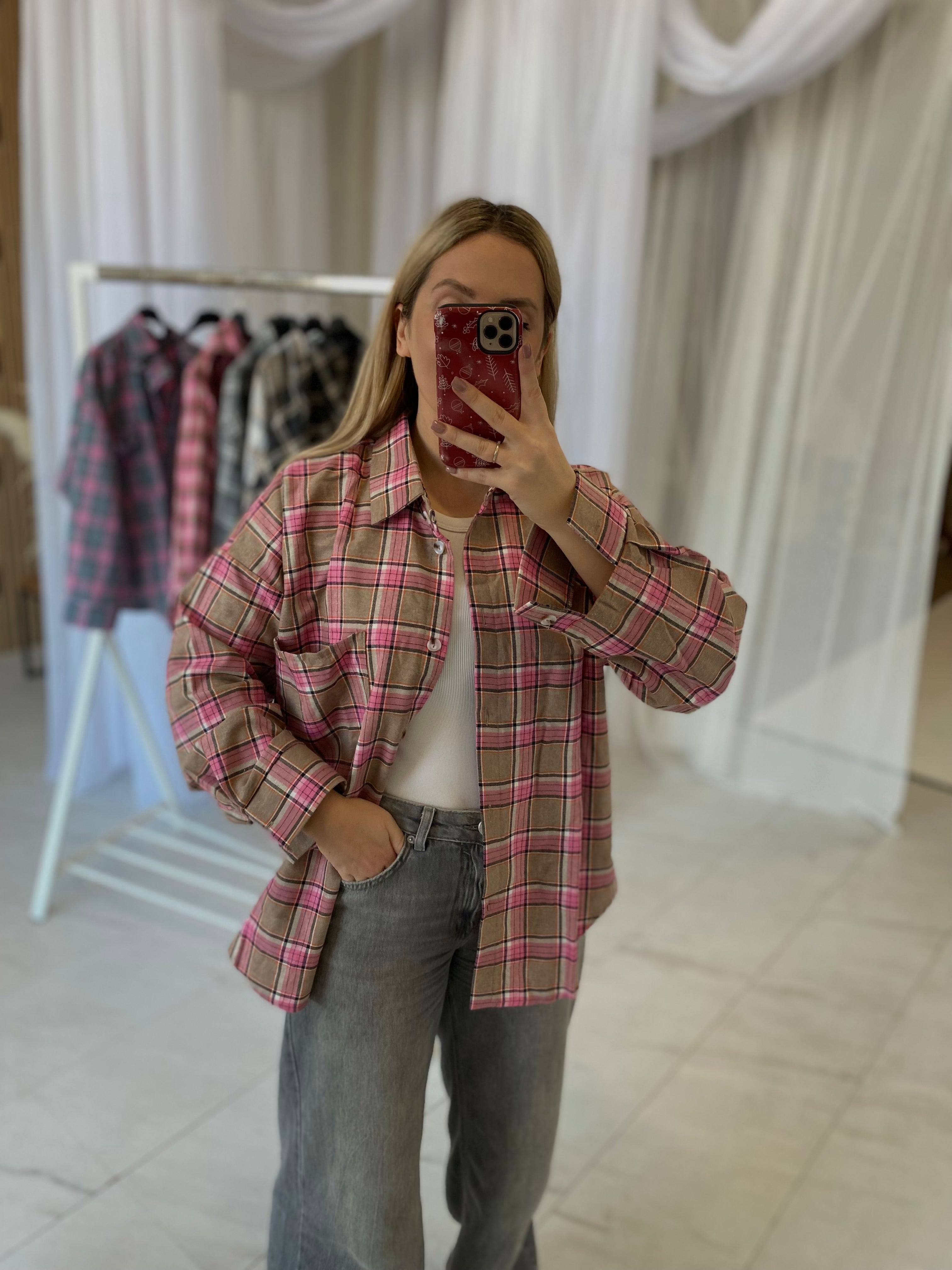 Oversize languoti marškiniai rožiniai su rudu „Pink Brown Check Oversize Shirt“