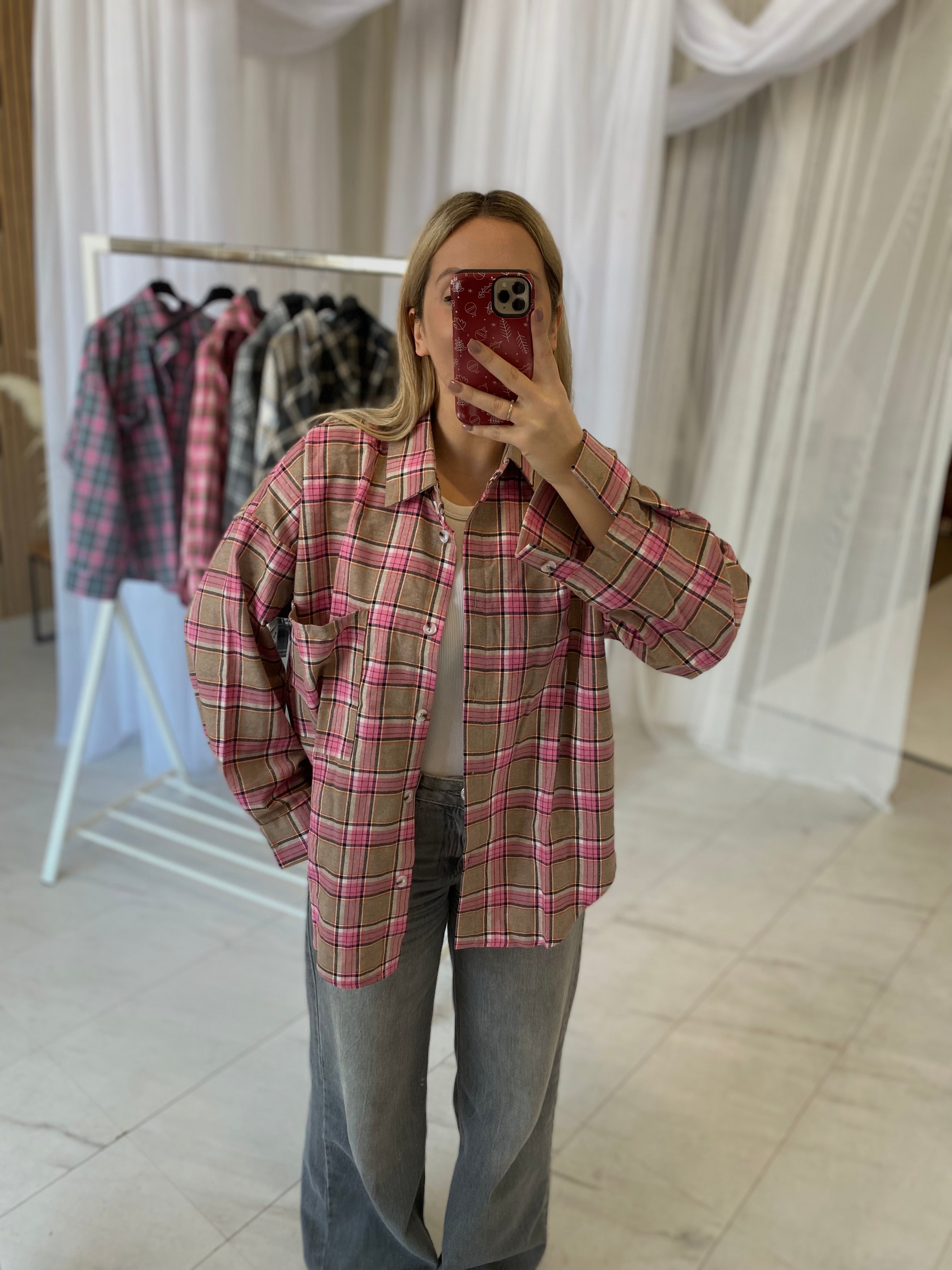 Oversize languoti marškiniai rožiniai su rudu „Pink Brown Check Oversize Shirt“
