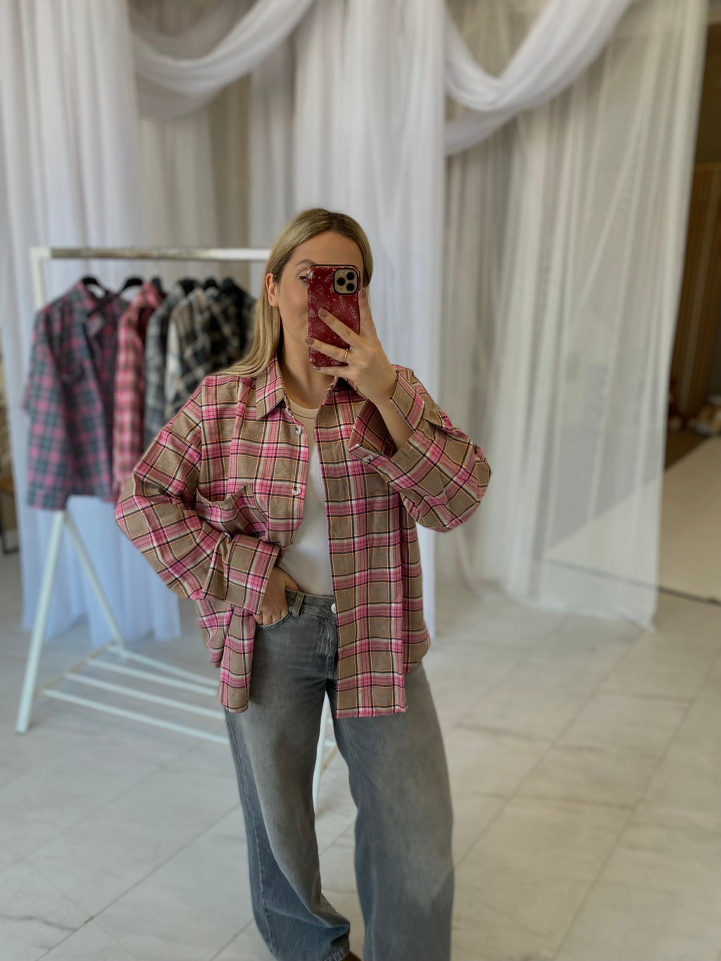 Oversize languoti marškiniai rožiniai su rudu „Pink Brown Check Oversize Shirt“