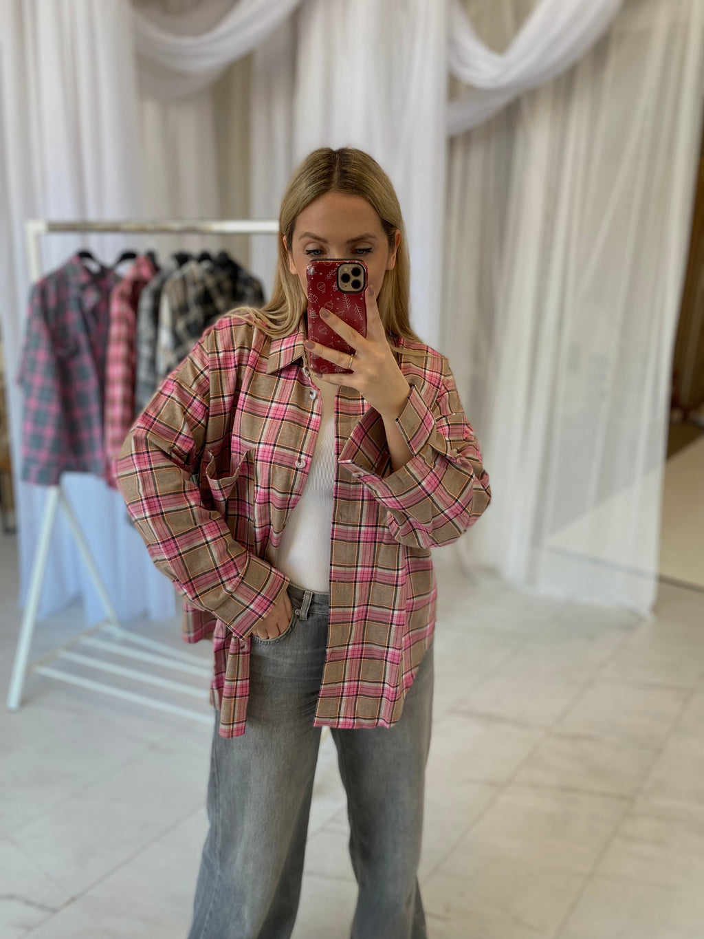 Oversize languoti marškiniai rožiniai su rudu „Pink Brown Check Oversize Shirt“