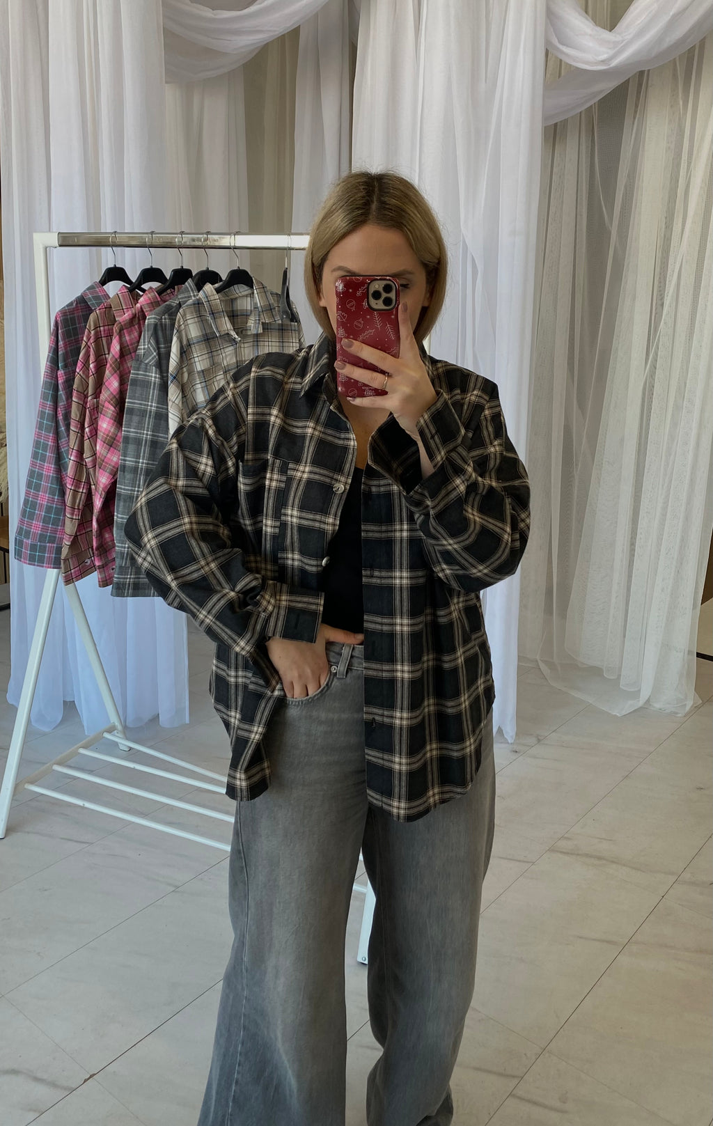Oversize tamsiai languoti marškiniai juodi „Dark Black Check Oversize Shirt“