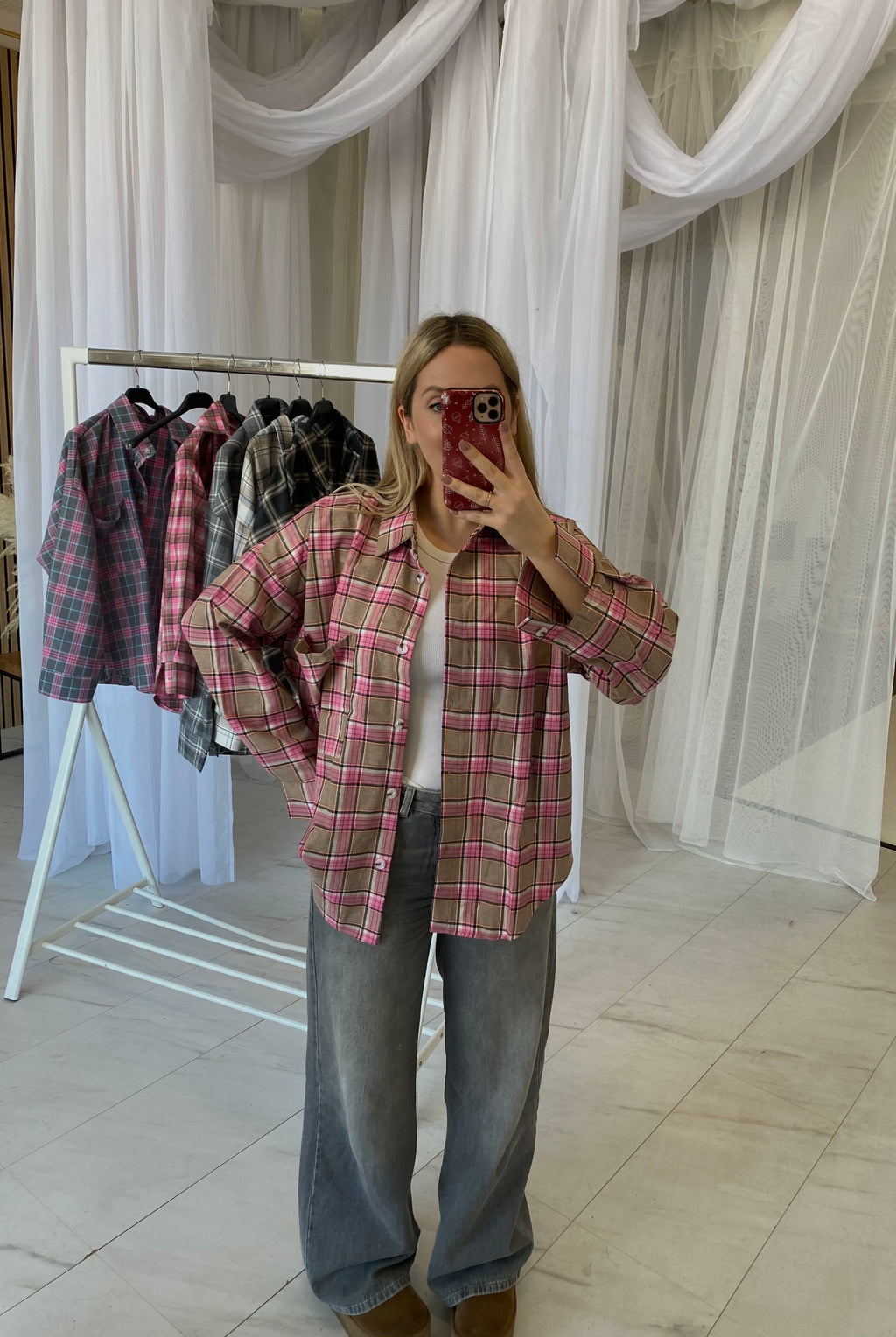 Oversize languoti marškiniai rožiniai su rudu „Pink Brown Check Oversize Shirt“