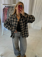 Oversize tamsiai languoti marškiniai juodi „Dark Black Check Oversize Shirt“
