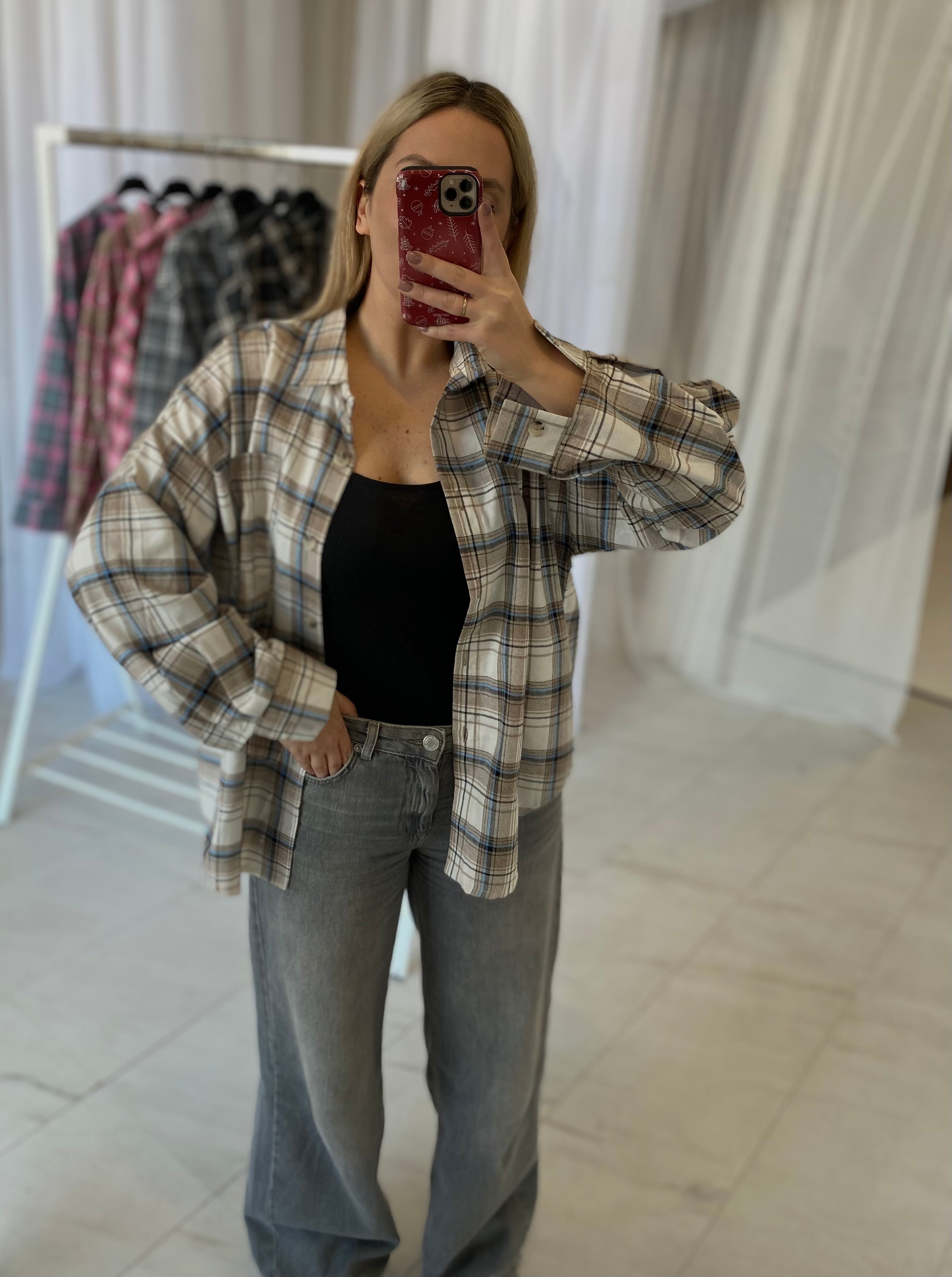 Oversize languoti marškiniai kreminio atspalvio „Cream Check Oversize Shirt“