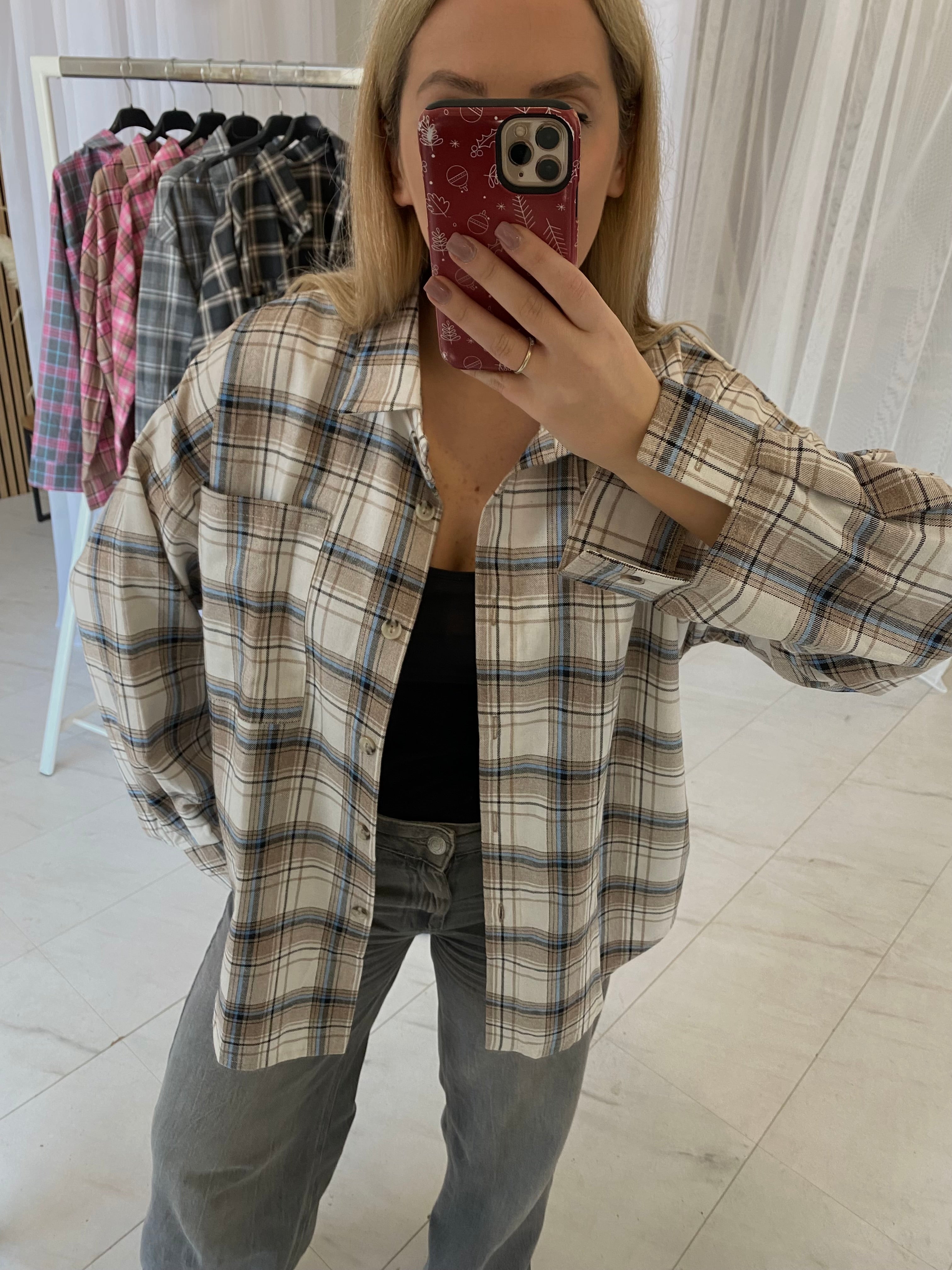 Oversize languoti marškiniai kreminio atspalvio „Cream Check Oversize Shirt“