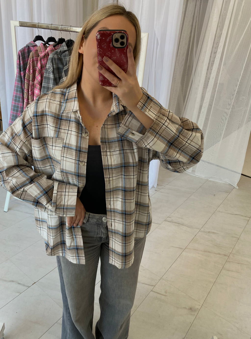 Oversize languoti marškiniai kreminio atspalvio „Cream Check Oversize Shirt“