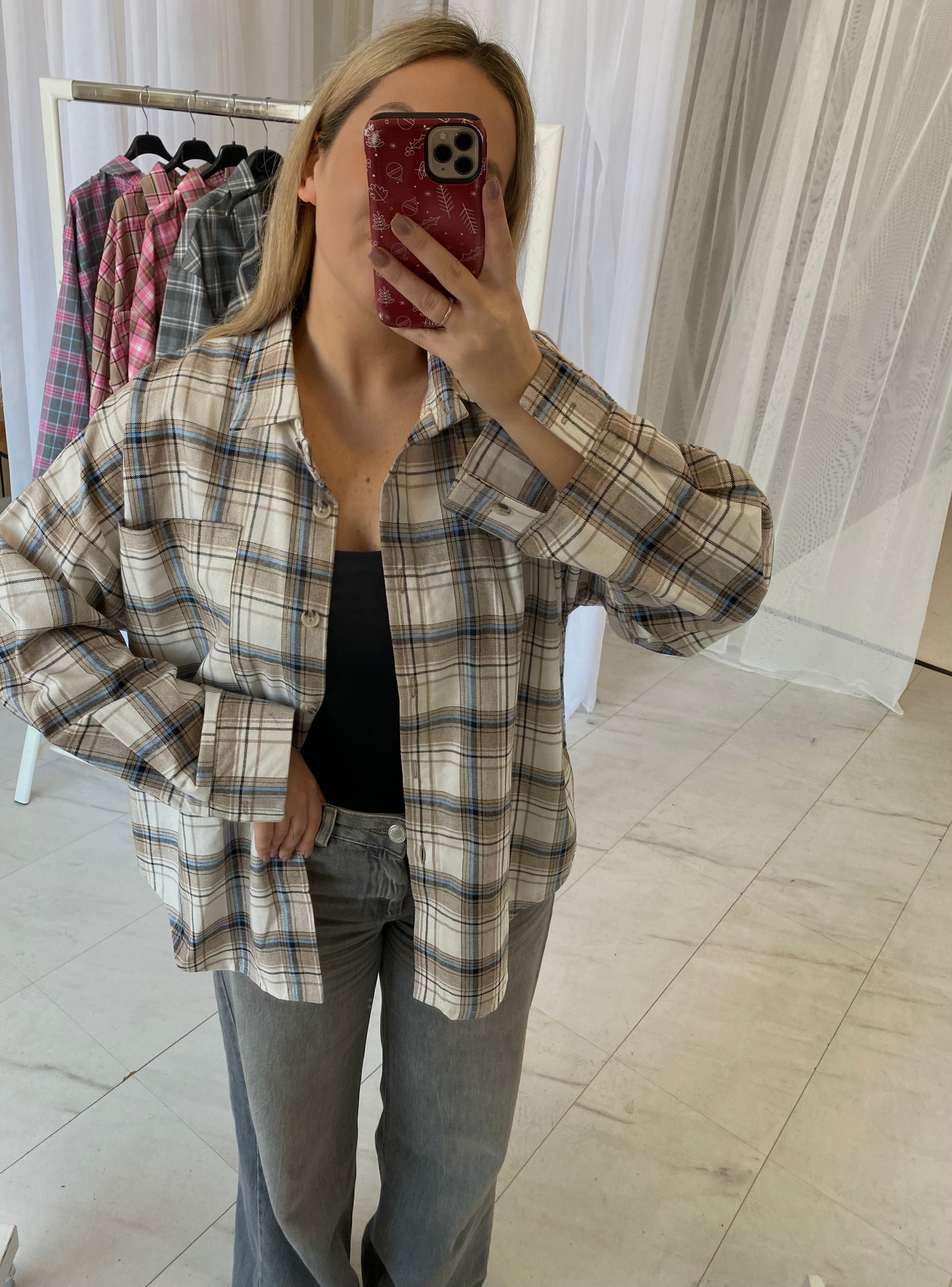 Oversize languoti marškiniai kreminio atspalvio „Cream Check Oversize Shirt“