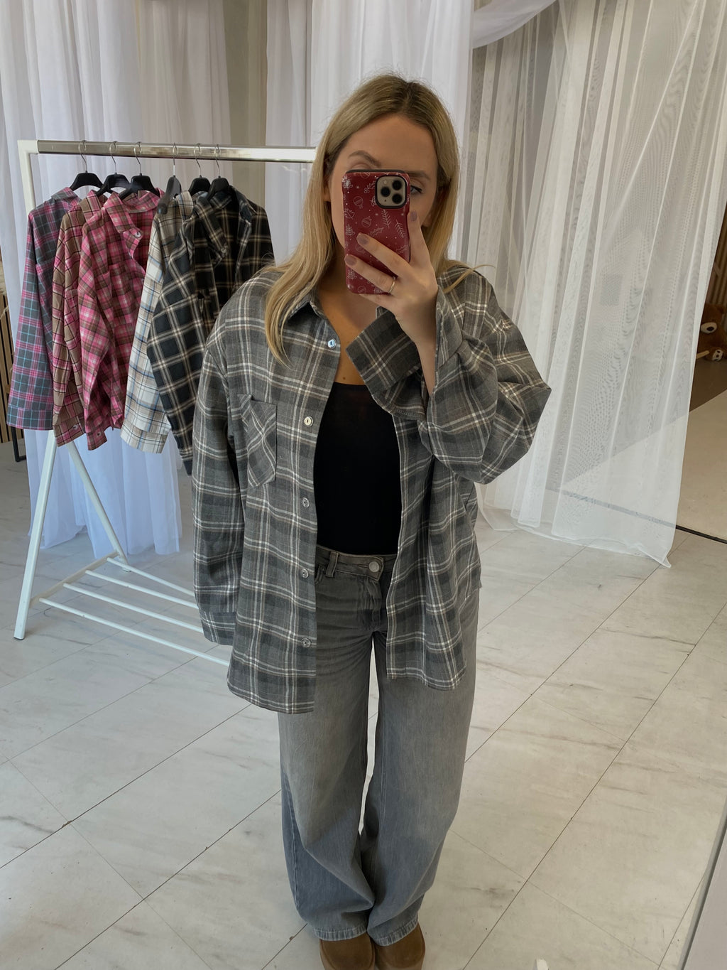 Oversize pilki languoti marškiniai „Grey Check Oversize Shirt“