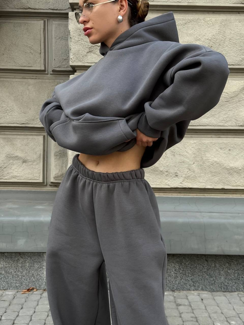 Grafito pilkas oversized kostiumas su gobtuvu “Graphite Hoodie Oversize Set”
