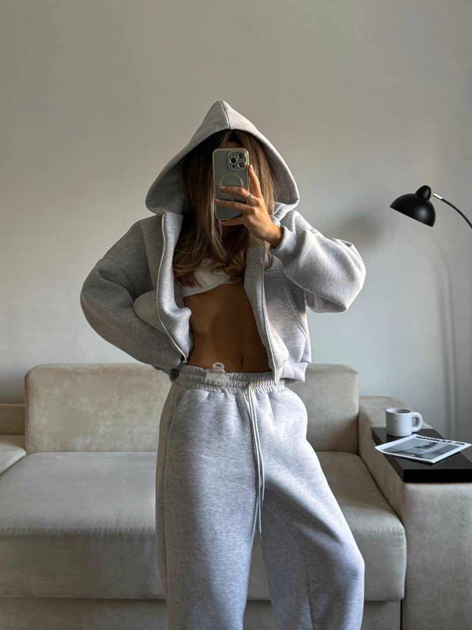 Pilkas pašiltintas laisvalaikio komplektas su gobtuvu „Grey Zip Hoodie Lounge Set“