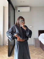 Veliūrinis dviejų dalių laisvalaikio komplektas - pilkas „Grey Velvet Lounge Set“