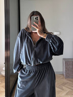 Veliūrinis dviejų dalių laisvalaikio komplektas - pilkas „Grey Velvet Lounge Set“