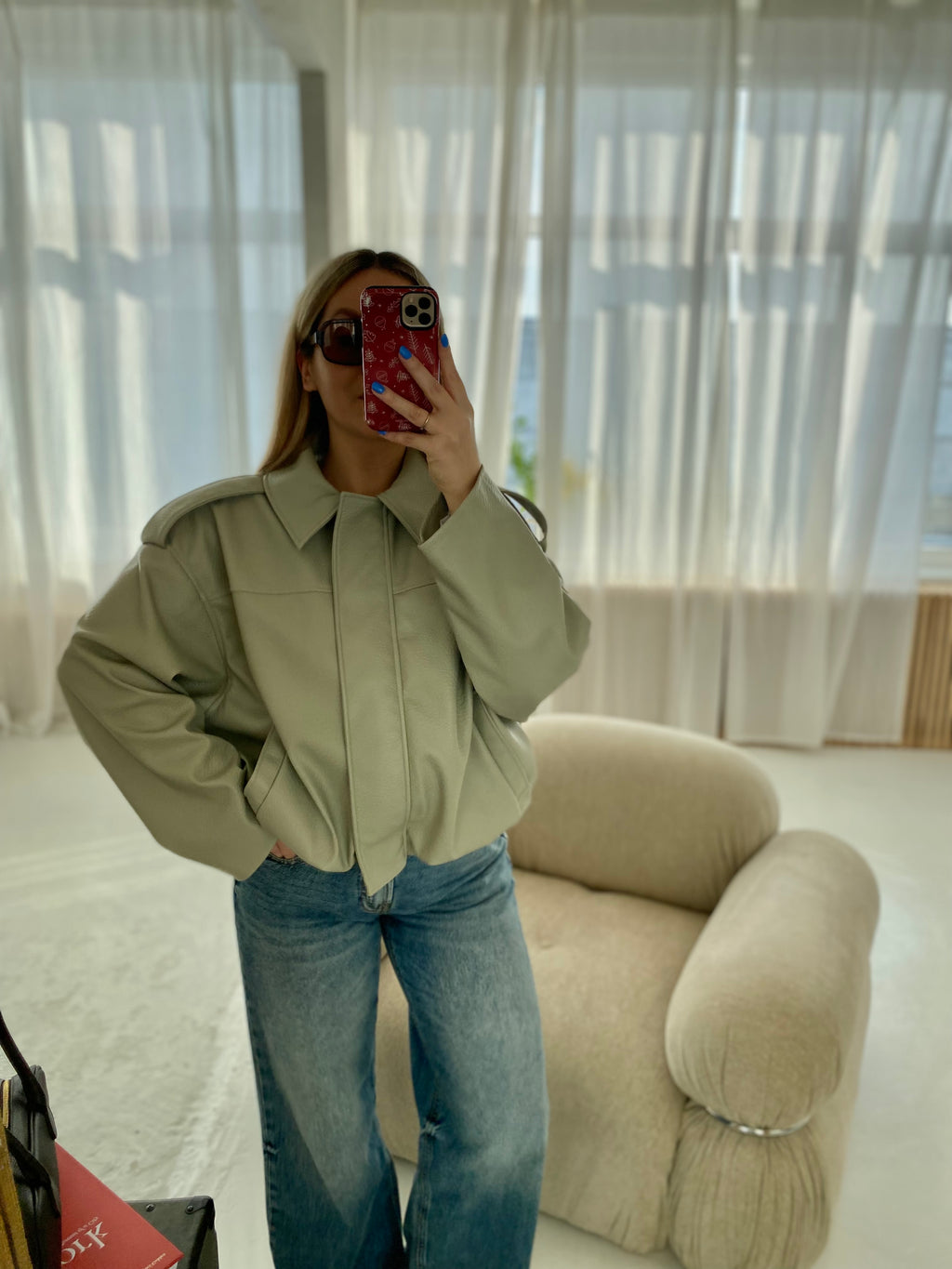 Pistacijų premium dirbtinės odos bomber tipo striukė „Noelle Luxe Bomber“