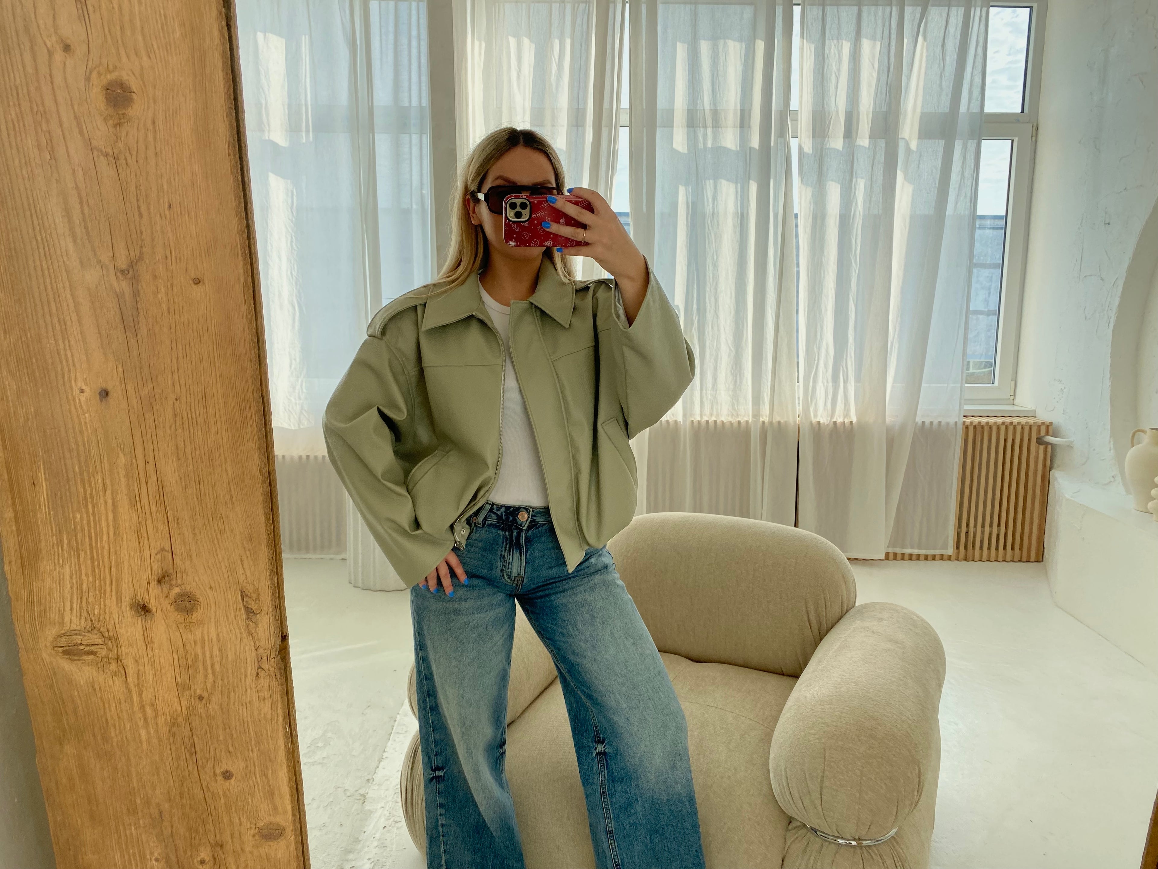 Pistacijų premium dirbtinės odos bomber tipo striukė „Noelle Luxe Bomber“