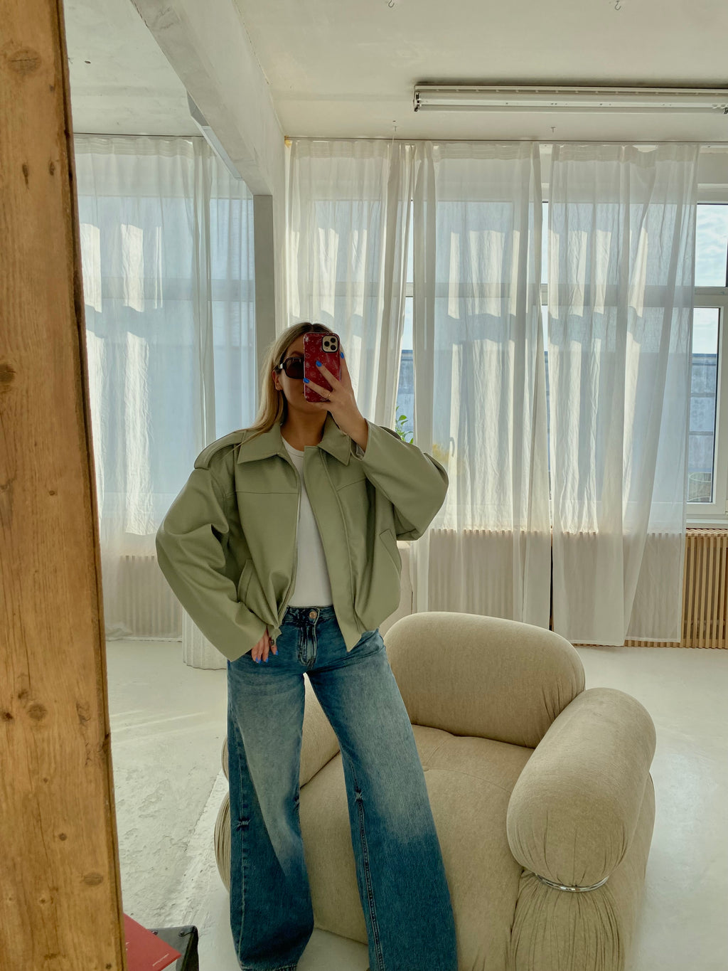 Pistacijų premium dirbtinės odos bomber tipo striukė „Noelle Luxe Bomber“