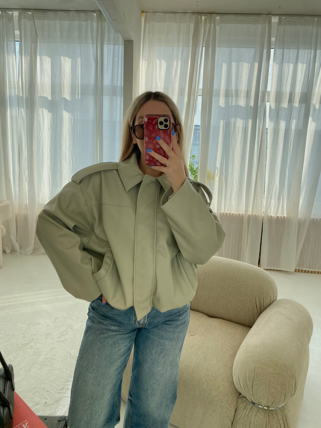 Pistacijų premium dirbtinės odos bomber tipo striukė „Noelle Luxe Bomber“