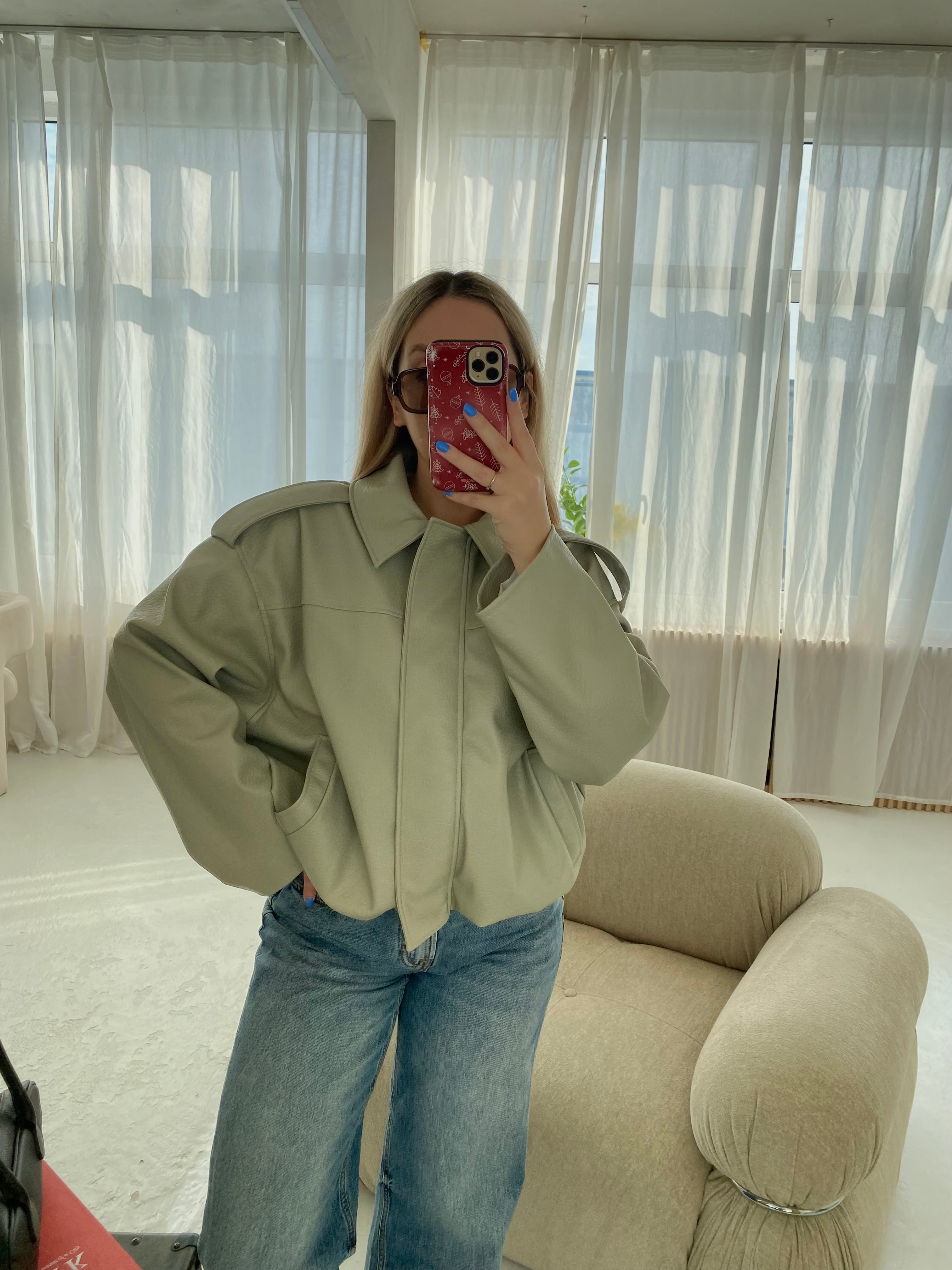 Pistacijų premium dirbtinės odos bomber tipo striukė „Noelle Luxe Bomber“