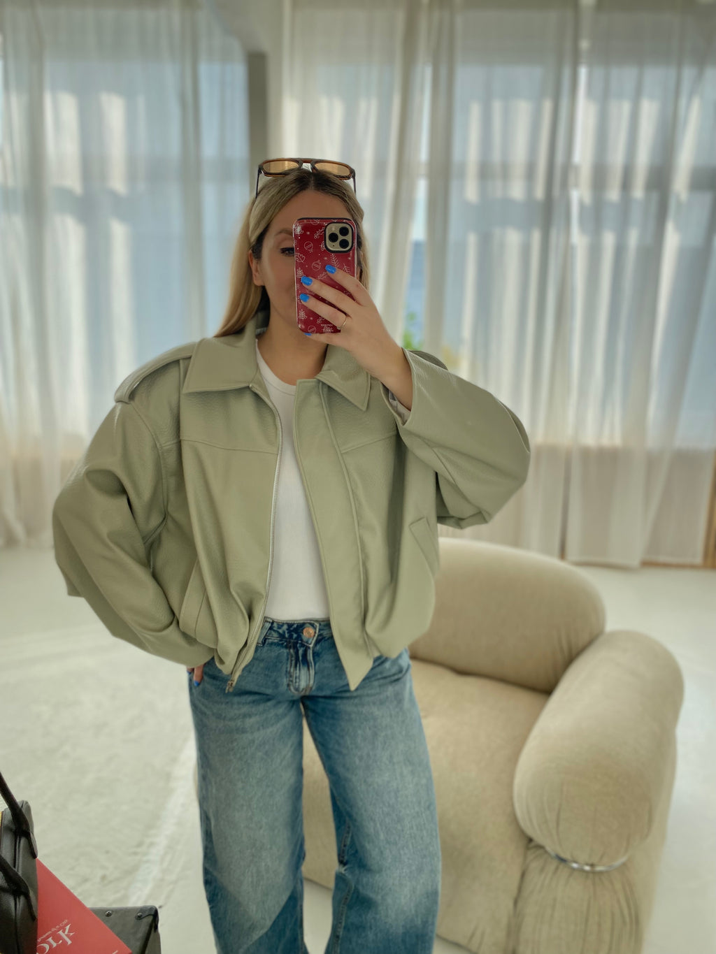 Pistacijų premium dirbtinės odos bomber tipo striukė „Noelle Luxe Bomber“