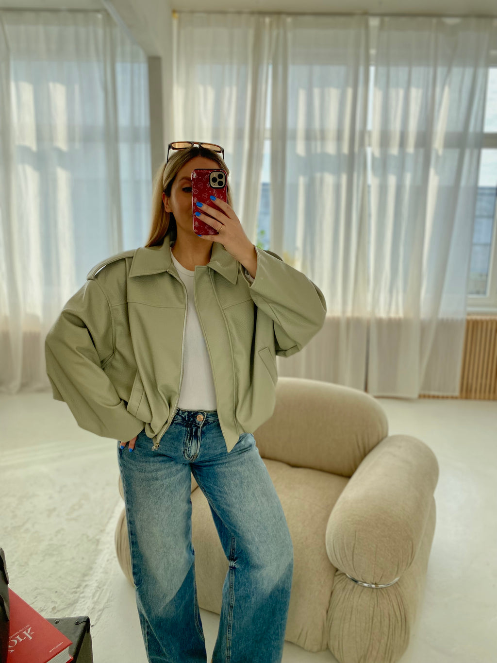 Pistacijų premium dirbtinės odos bomber tipo striukė „Noelle Luxe Bomber“