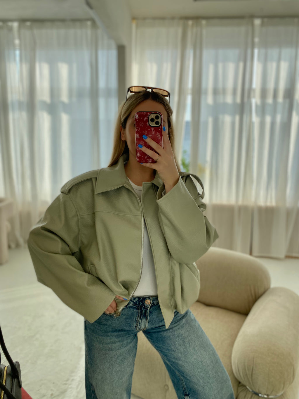 Pistacijų premium dirbtinės odos bomber tipo striukė „Noelle Luxe Bomber“