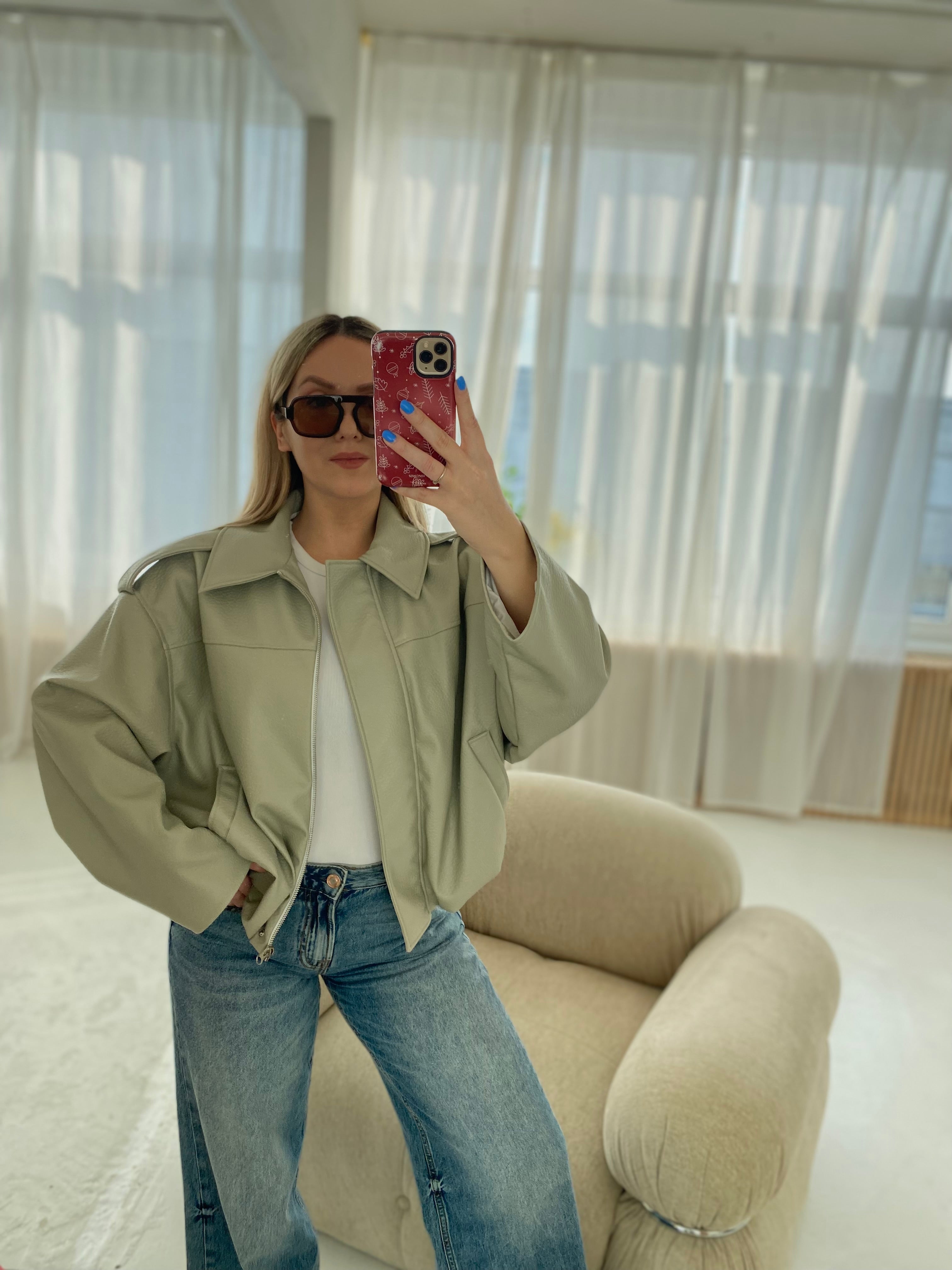 Pistacijų premium dirbtinės odos bomber tipo striukė „Noelle Luxe Bomber“