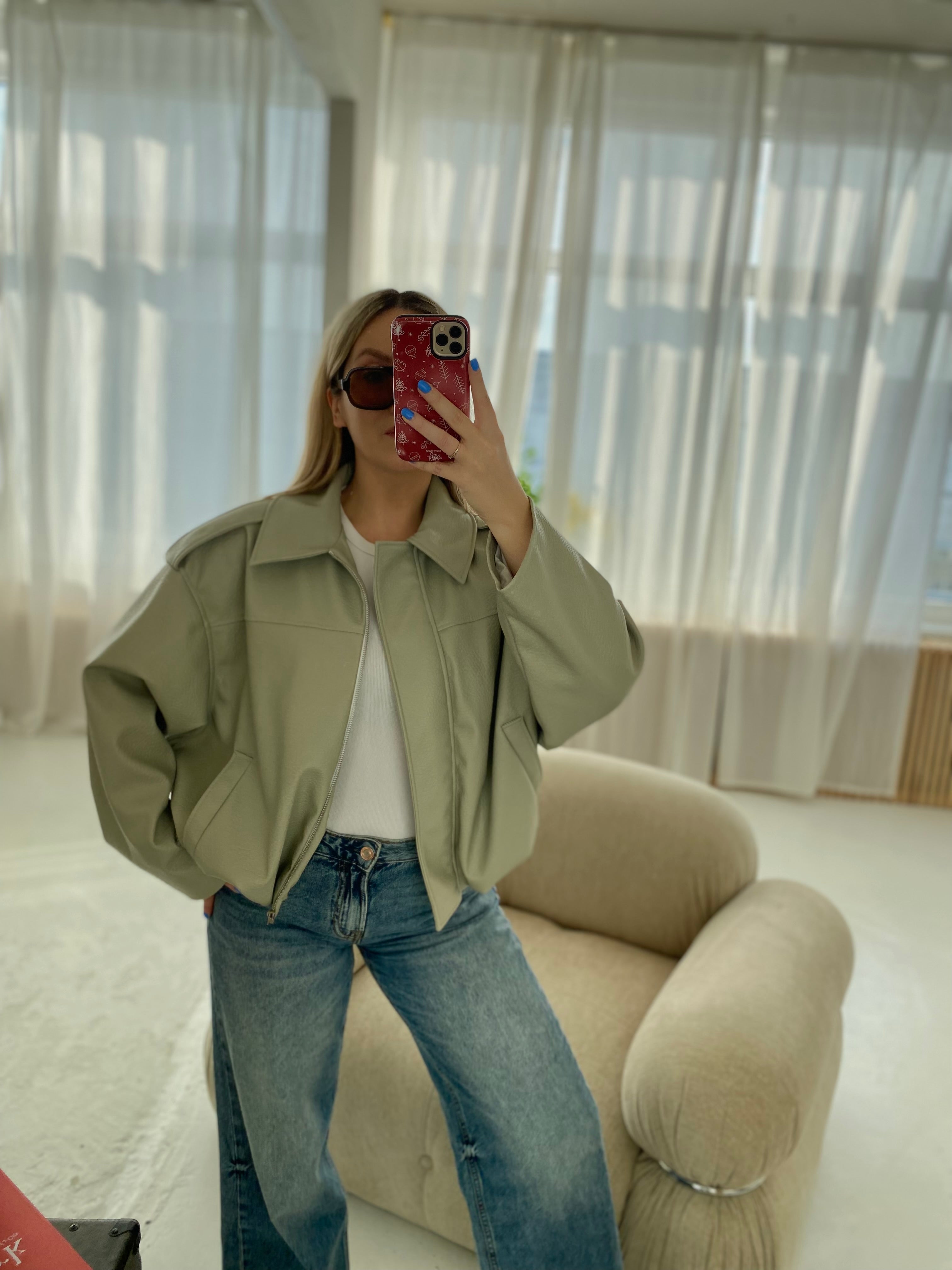 Pistacijų premium dirbtinės odos bomber tipo striukė „Noelle Luxe Bomber“