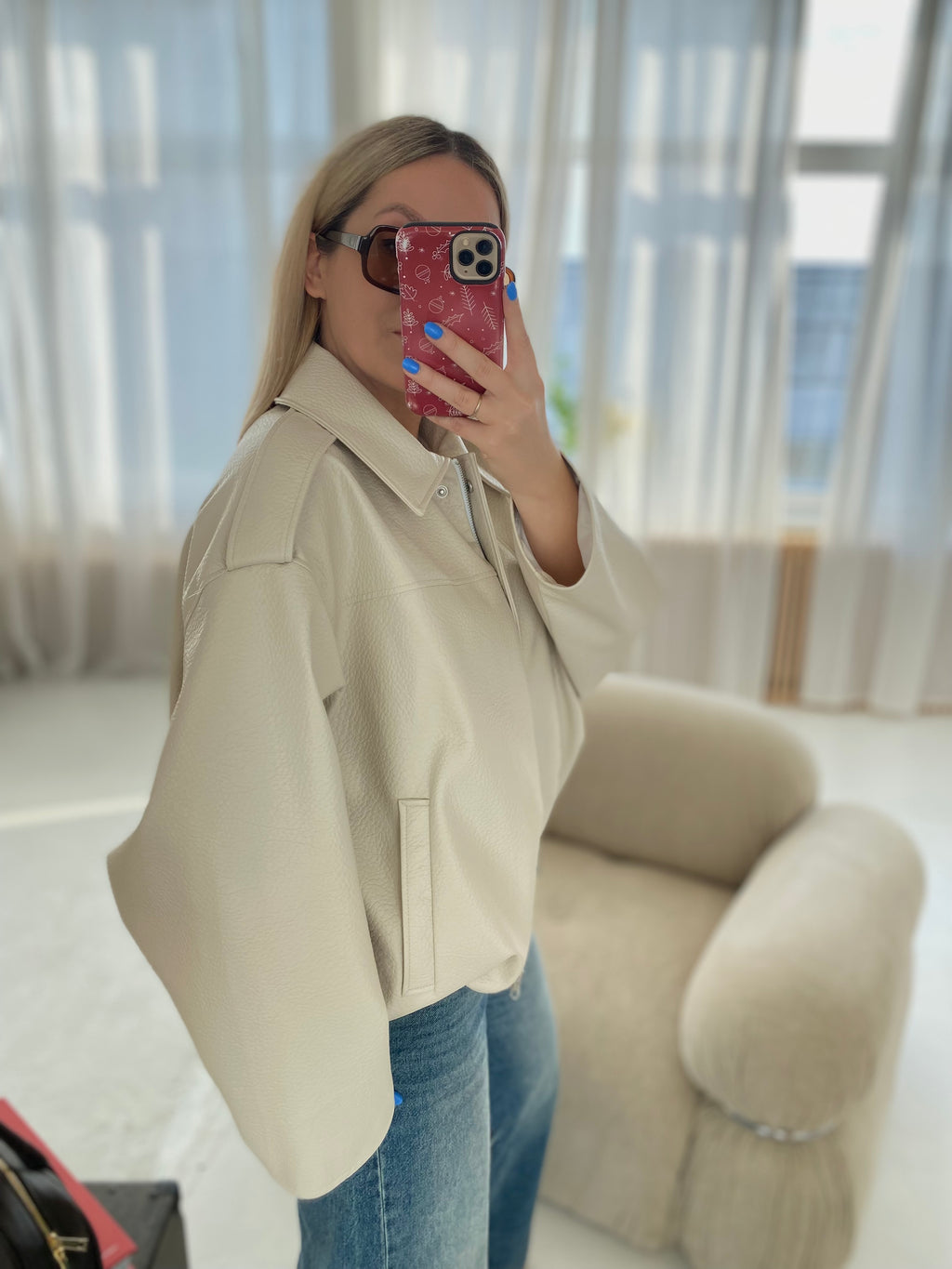 Kreminė premium dirbtinės odos bomber tipo striukė „Noelle Luxe Bomber“