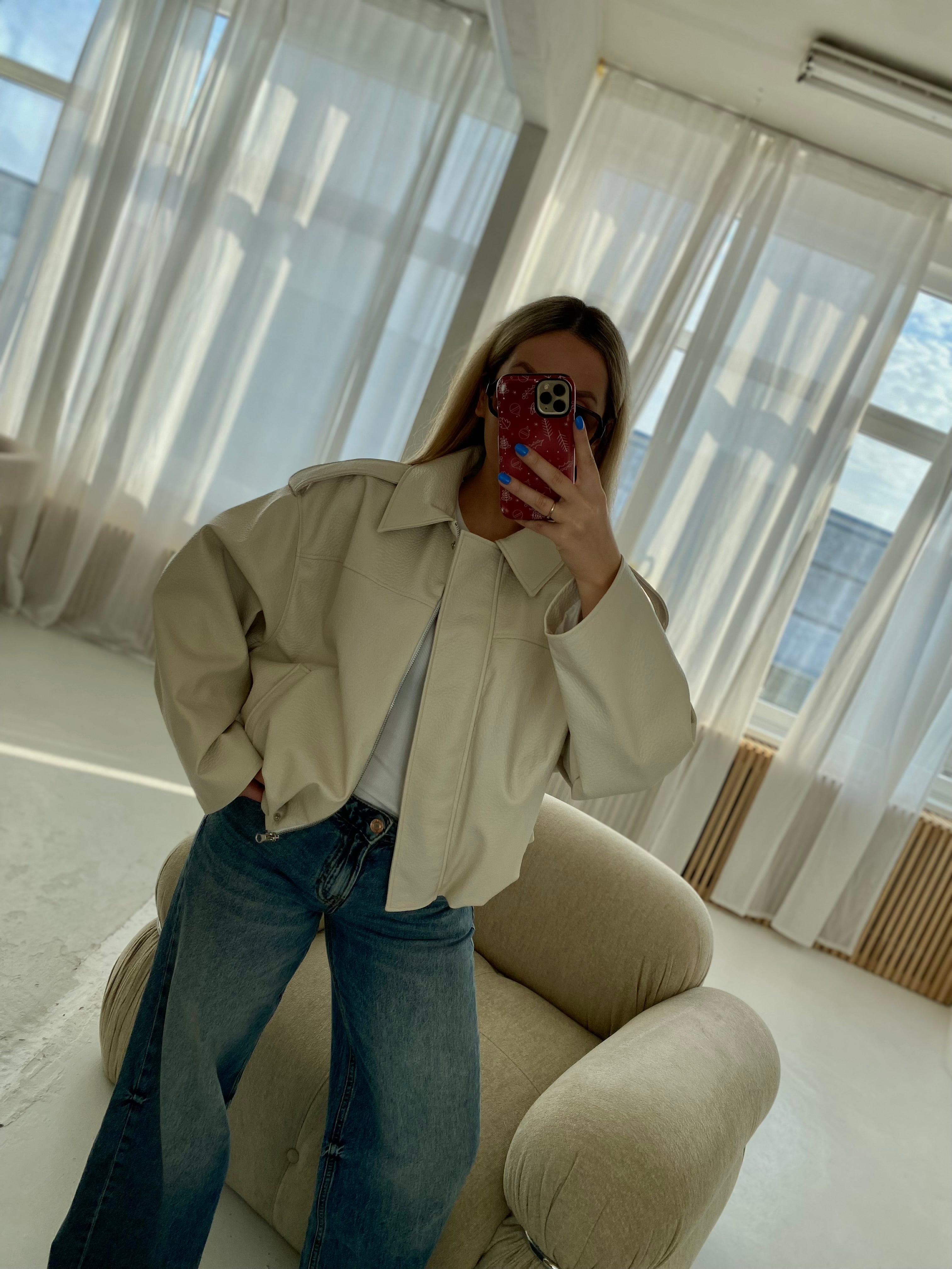 Kreminė premium dirbtinės odos bomber tipo striukė „Noelle Luxe Bomber“