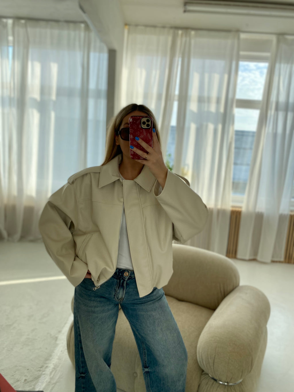 Kreminė premium dirbtinės odos bomber tipo striukė „Noelle Luxe Bomber“