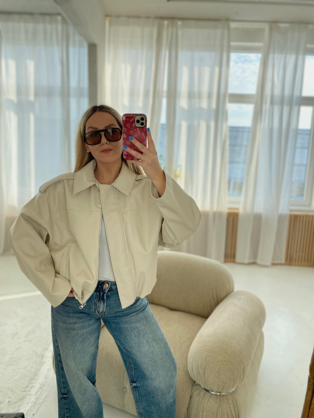 Kreminė premium dirbtinės odos bomber tipo striukė „Noelle Luxe Bomber“