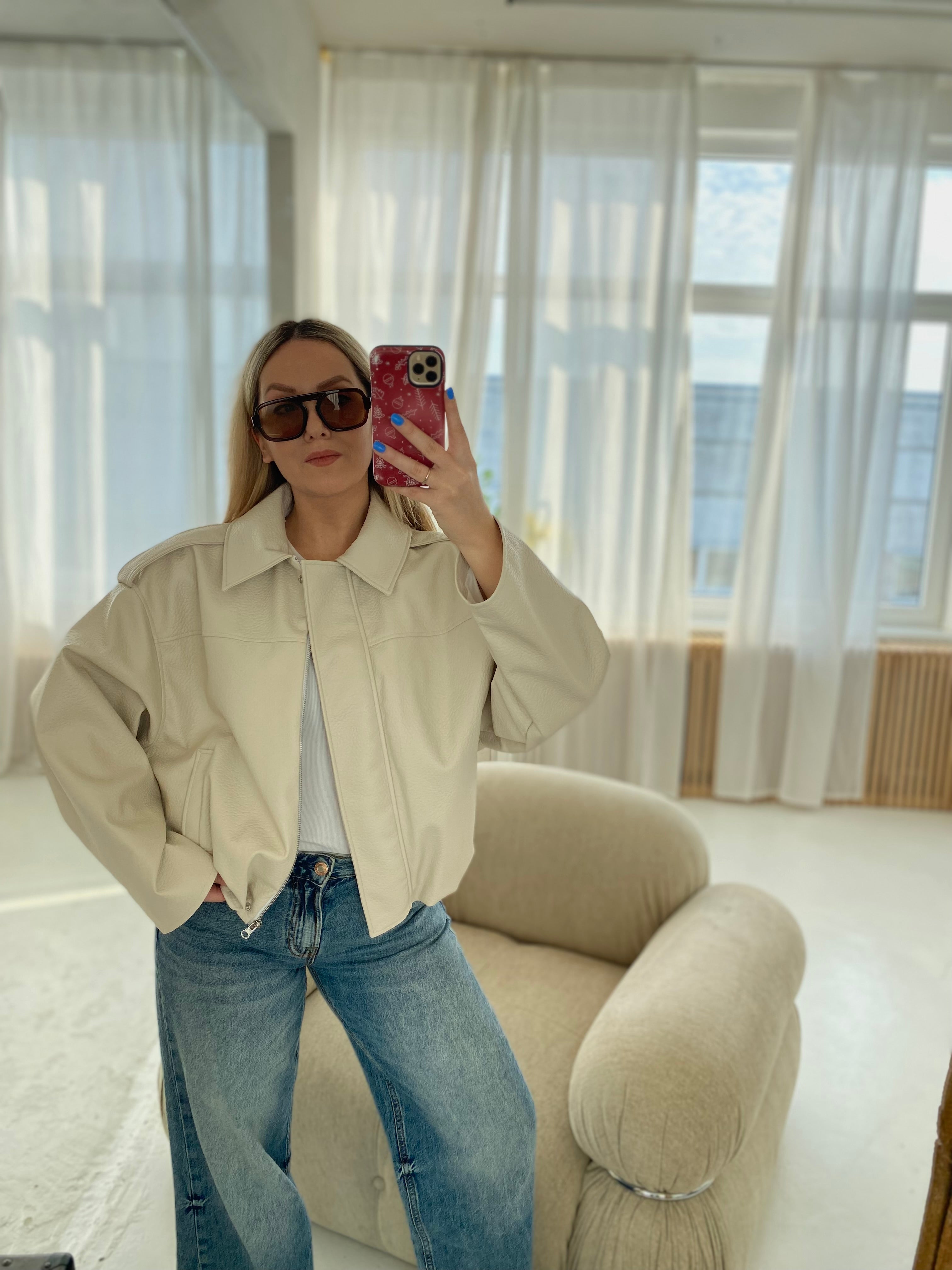 Kreminė premium dirbtinės odos bomber tipo striukė „Noelle Luxe Bomber“